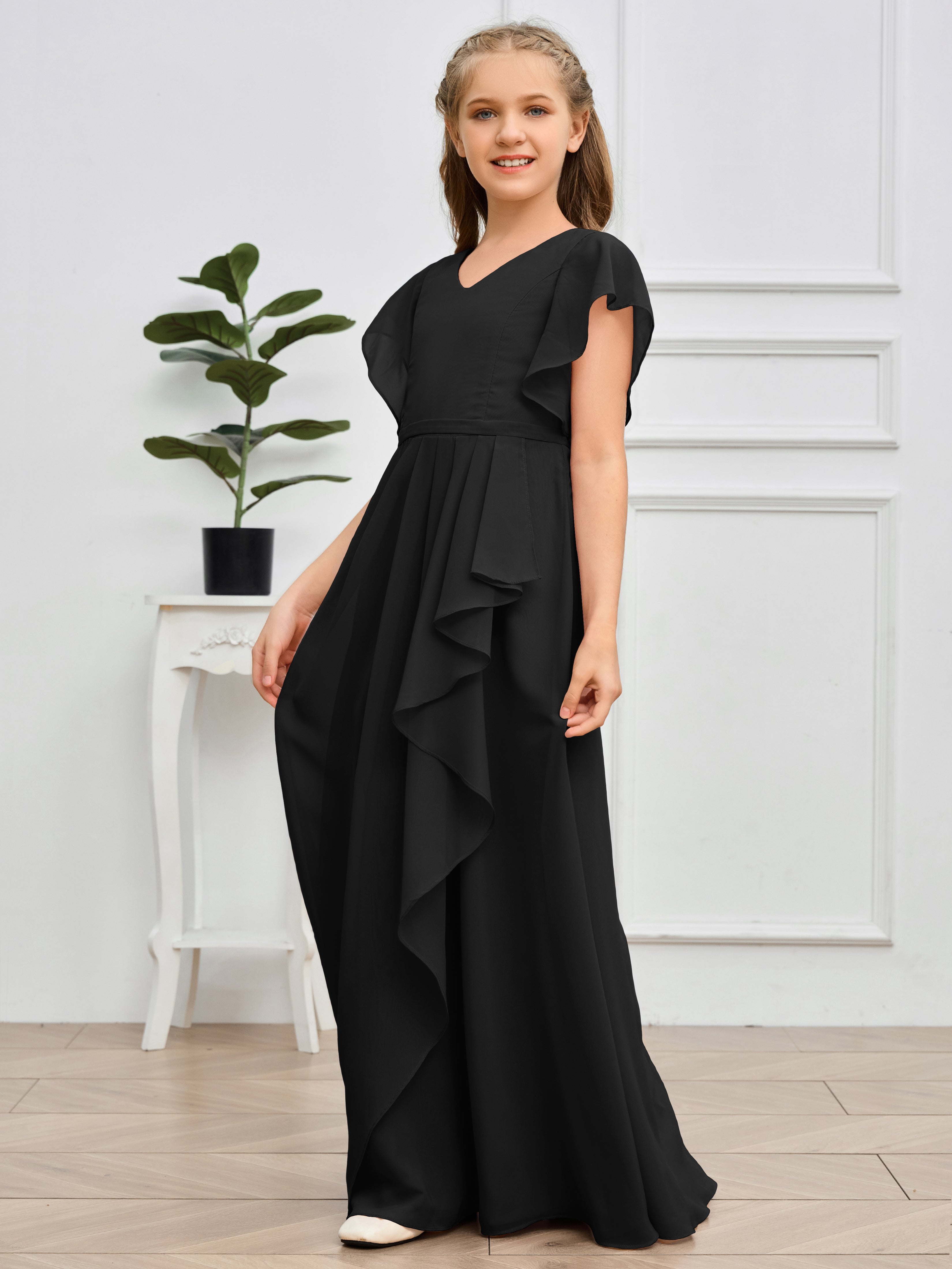 Col en V et manches volantées Mousseline Robe de demoiselle d'honneur Junior