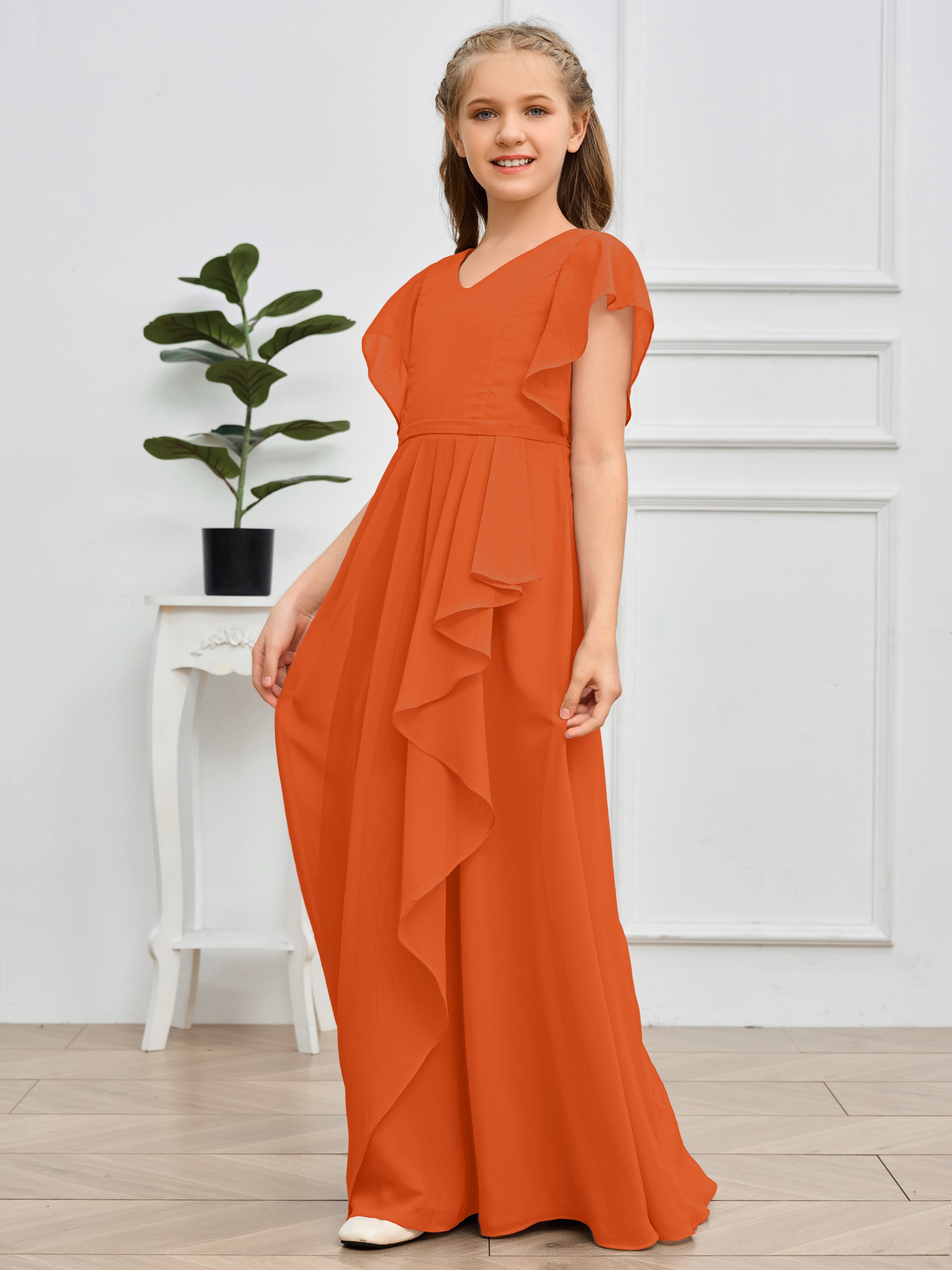 Col en V et manches volantées Mousseline Robe de demoiselle d'honneur Junior