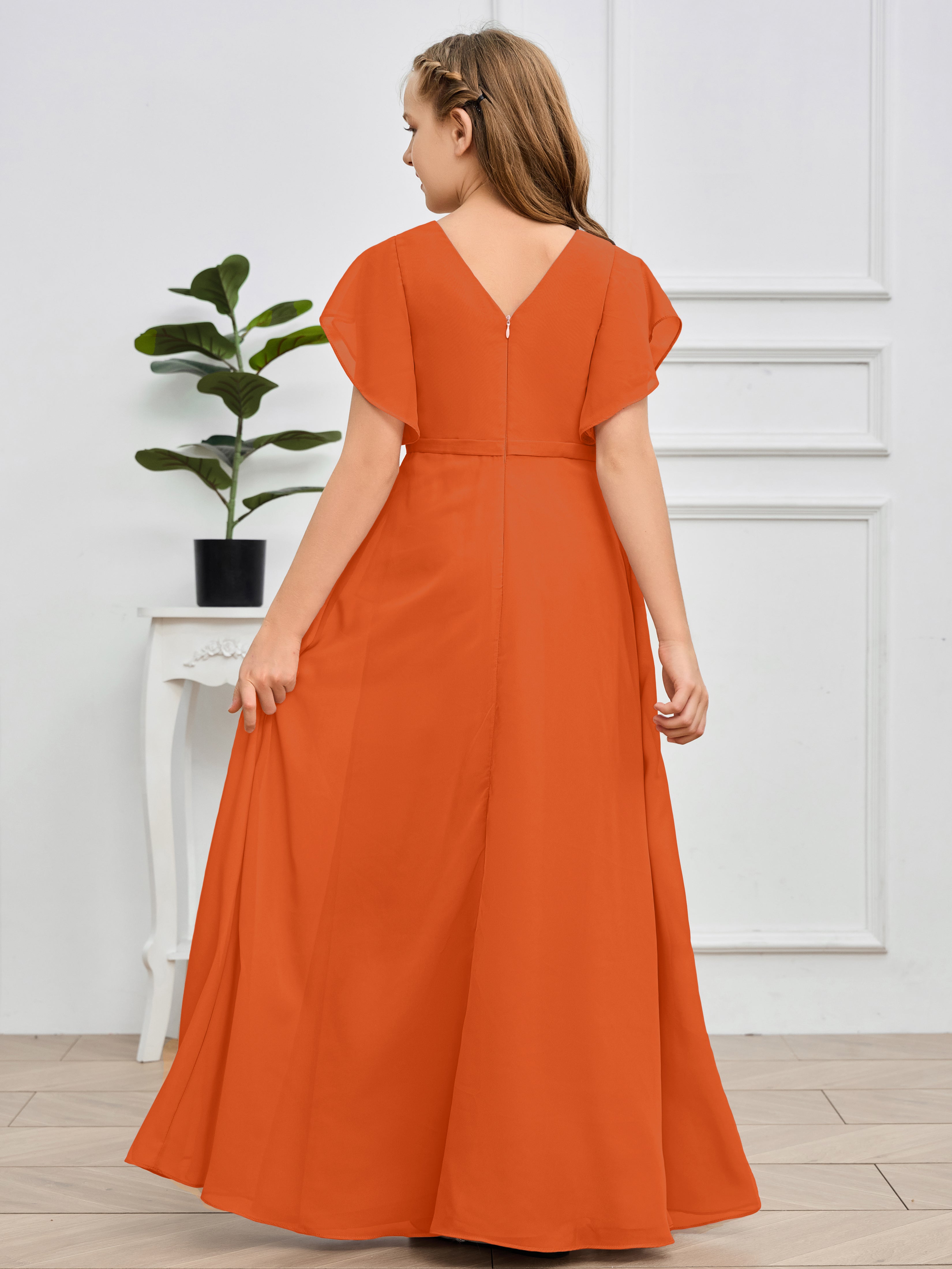 Col en V et manches volantées Mousseline Robe de demoiselle d'honneur Junior