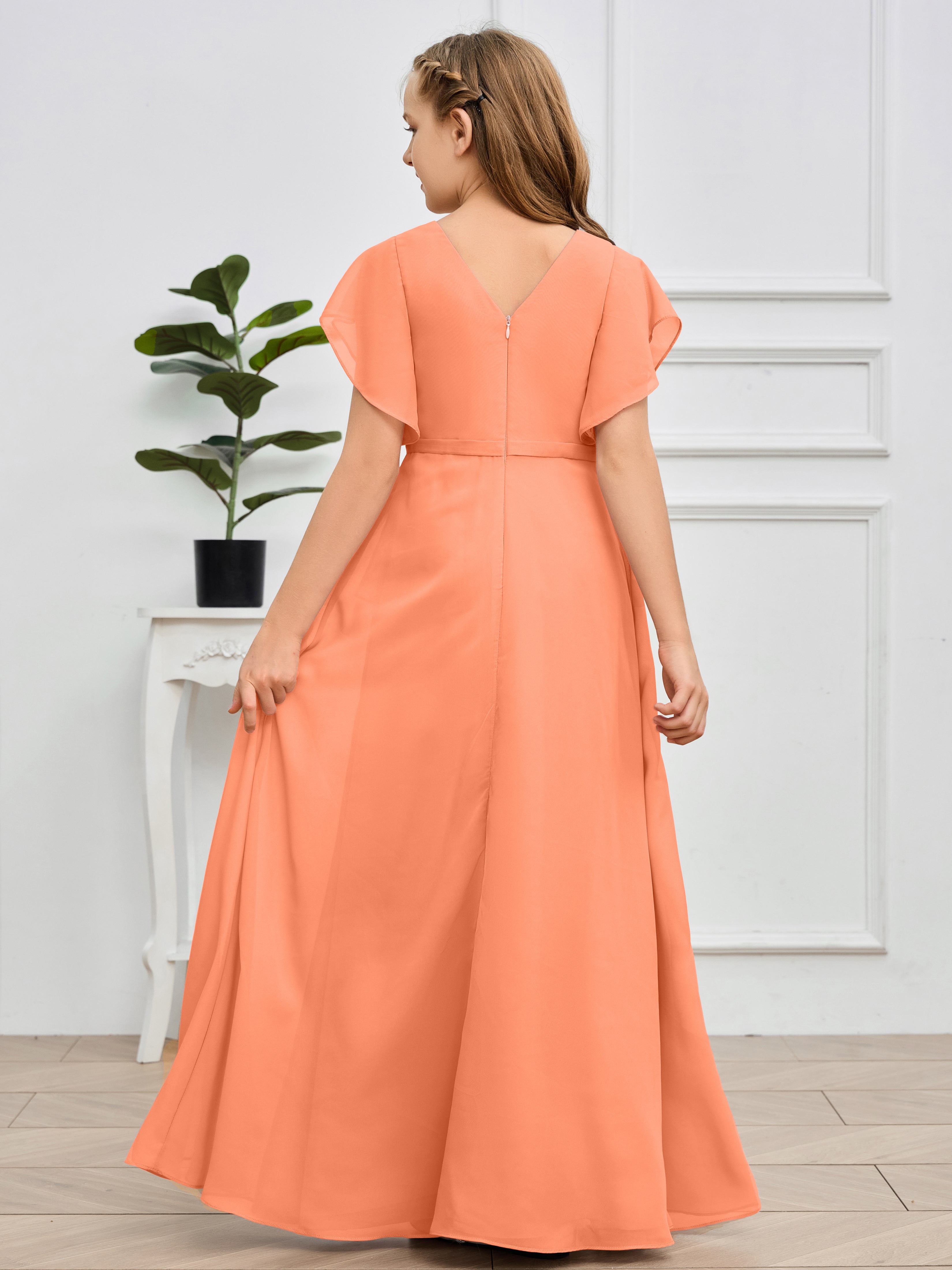 Col en V et manches volantées Mousseline Robe de demoiselle d'honneur Junior