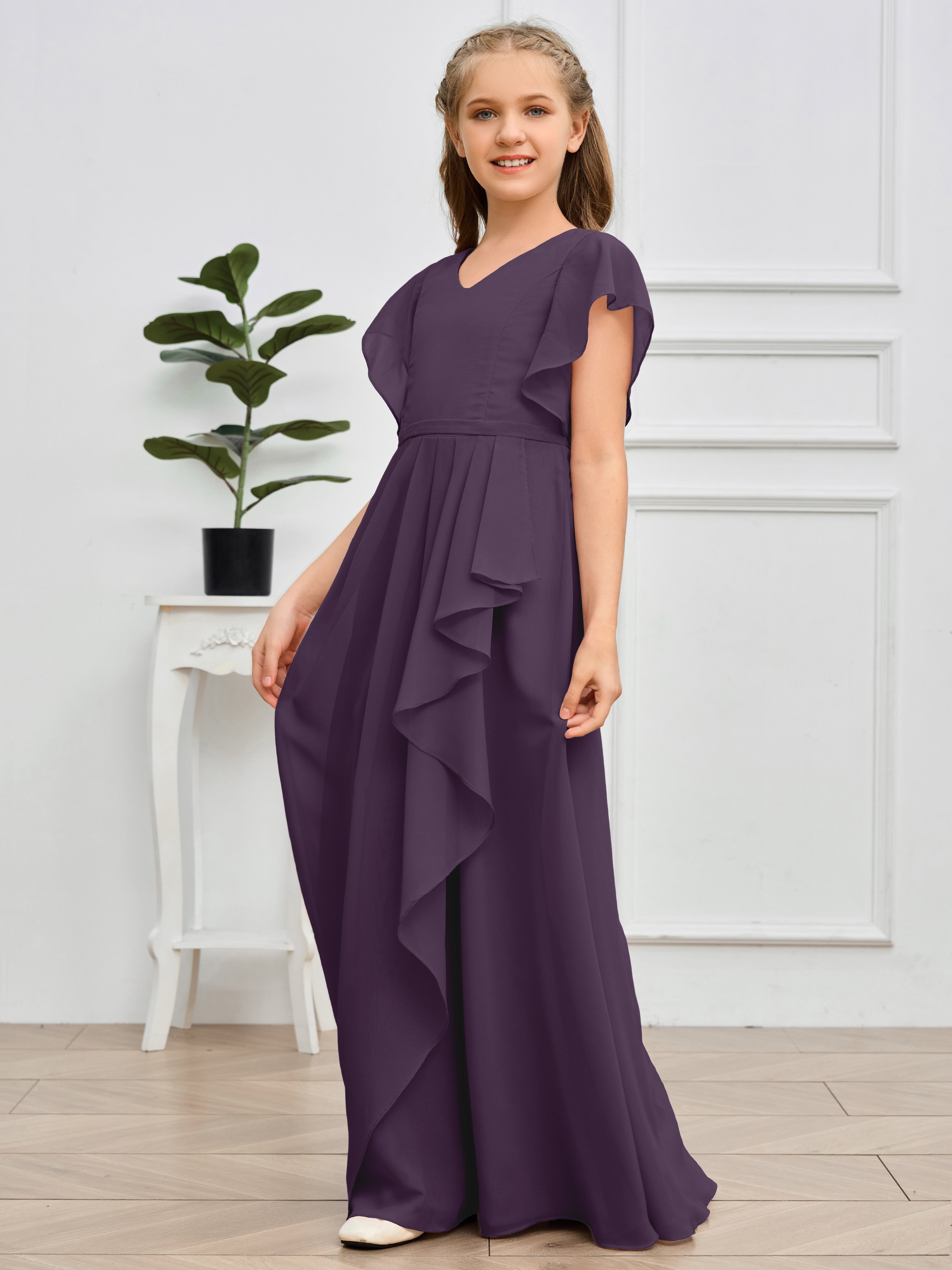 Col en V et manches volantées Mousseline Robe de demoiselle d'honneur Junior