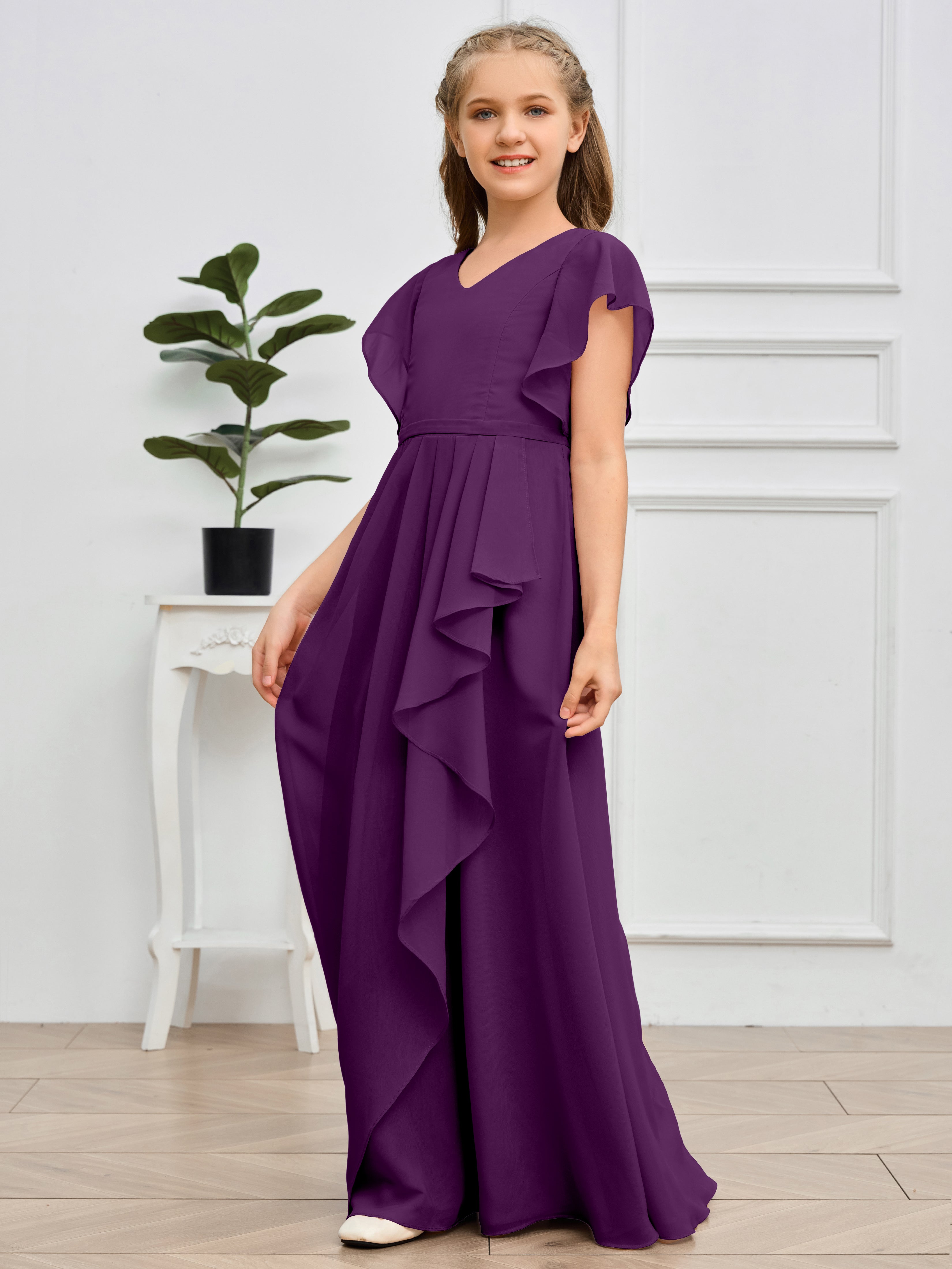 Col en V et manches volantées Mousseline Robe de demoiselle d'honneur Junior