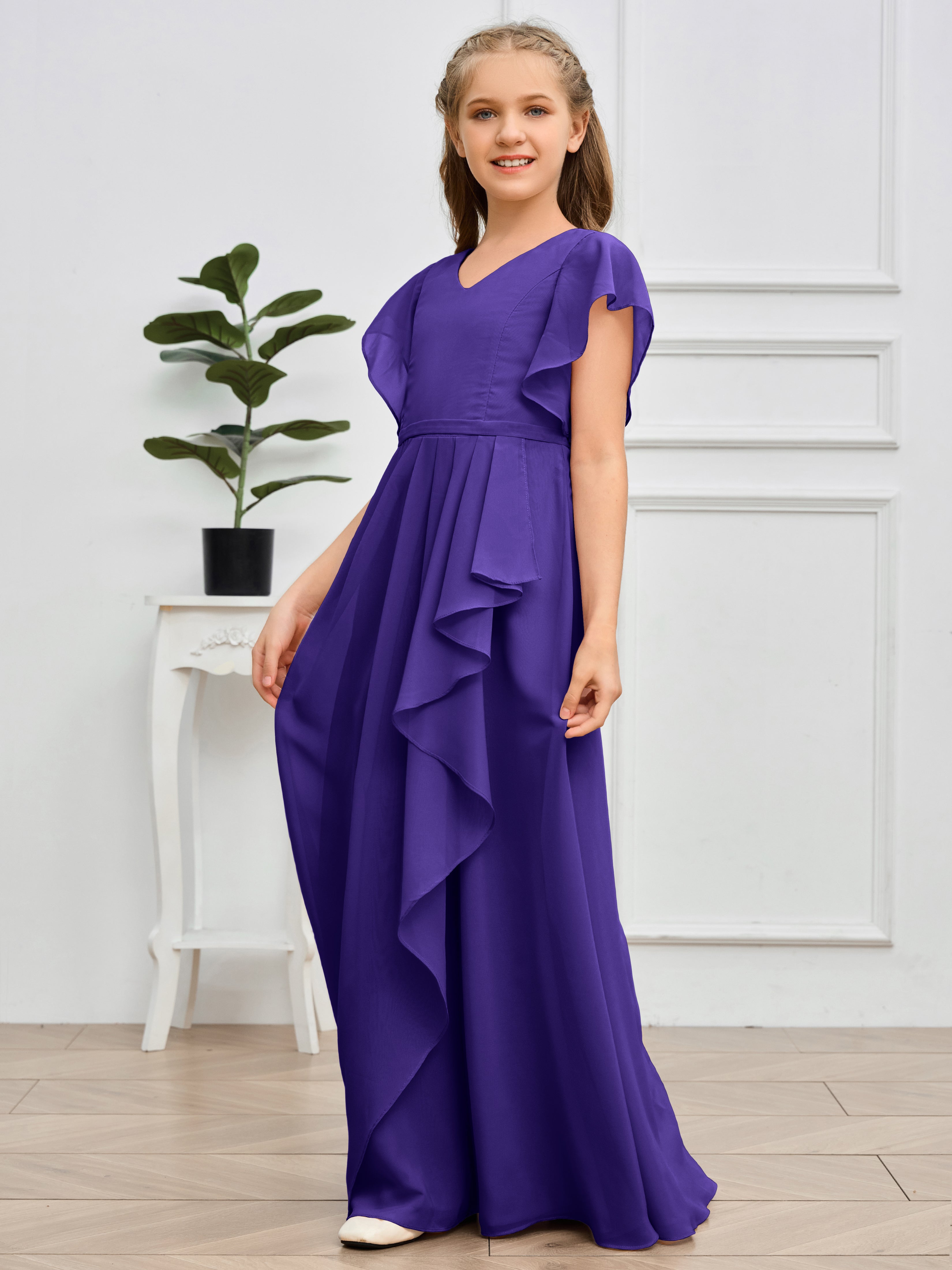 Col en V et manches volantées Mousseline Robe de demoiselle d'honneur Junior