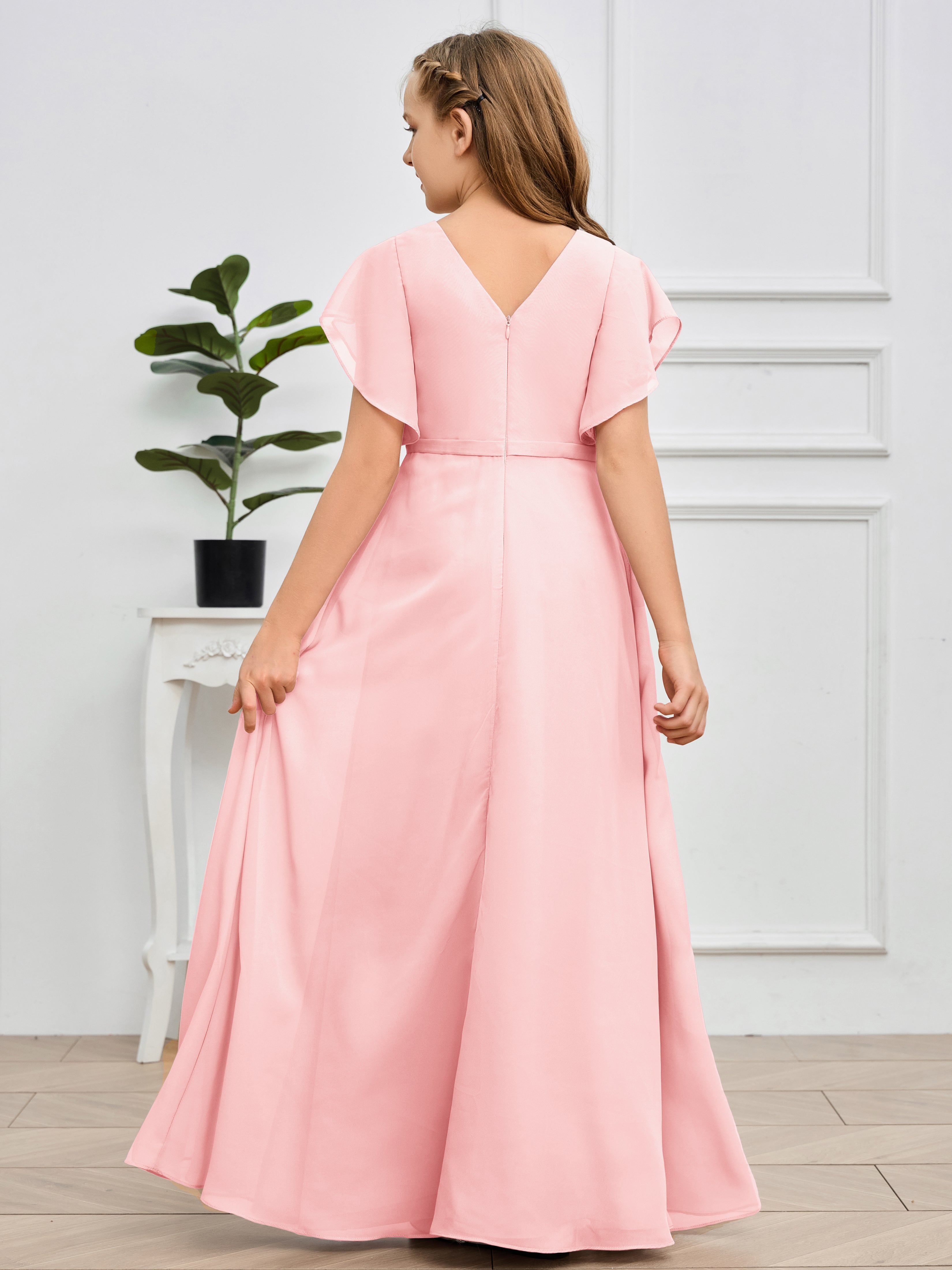 Col en V et manches volantées Mousseline Robe de demoiselle d'honneur Junior