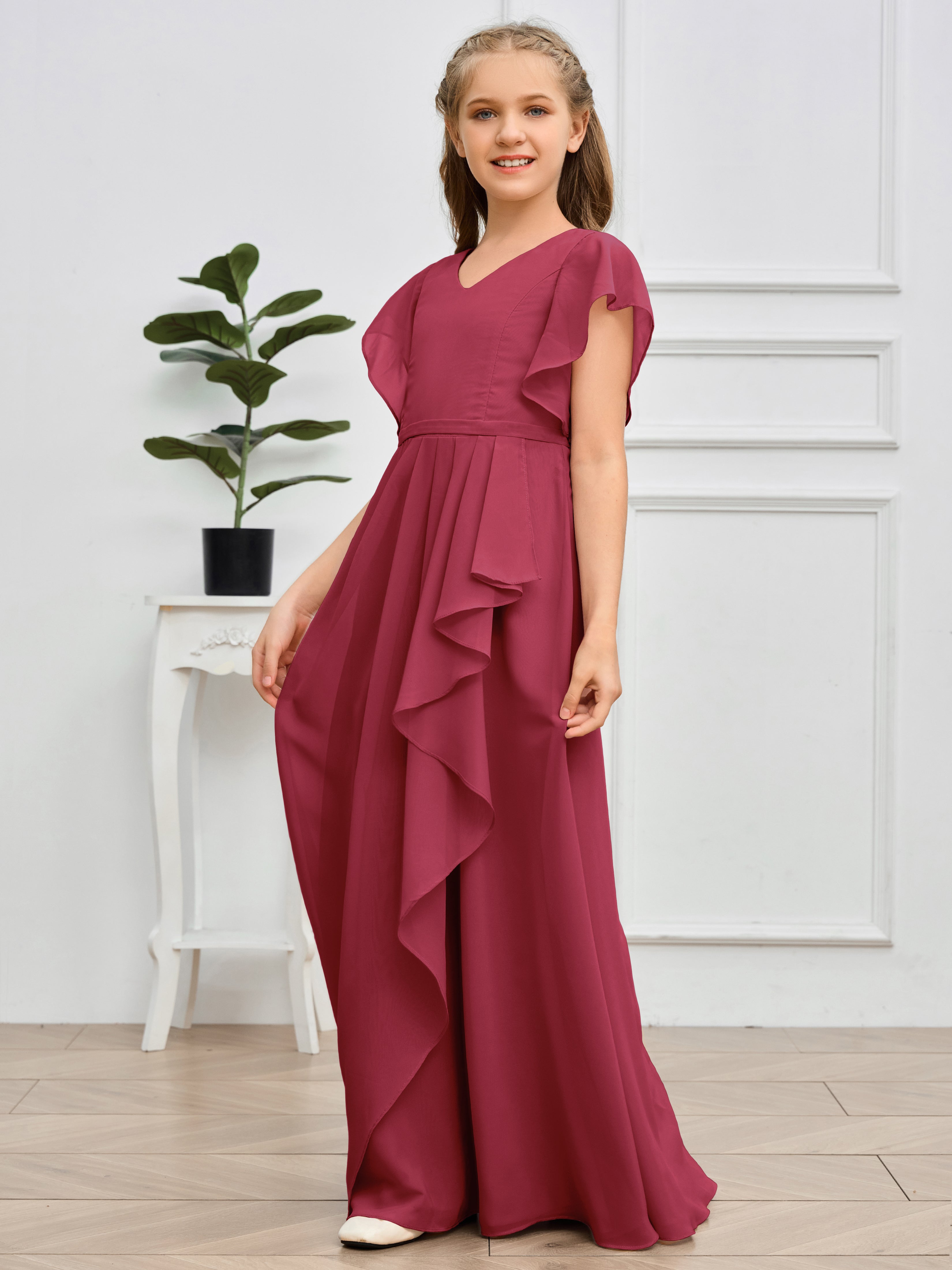 Col en V et manches volantées Mousseline Robe de demoiselle d'honneur Junior