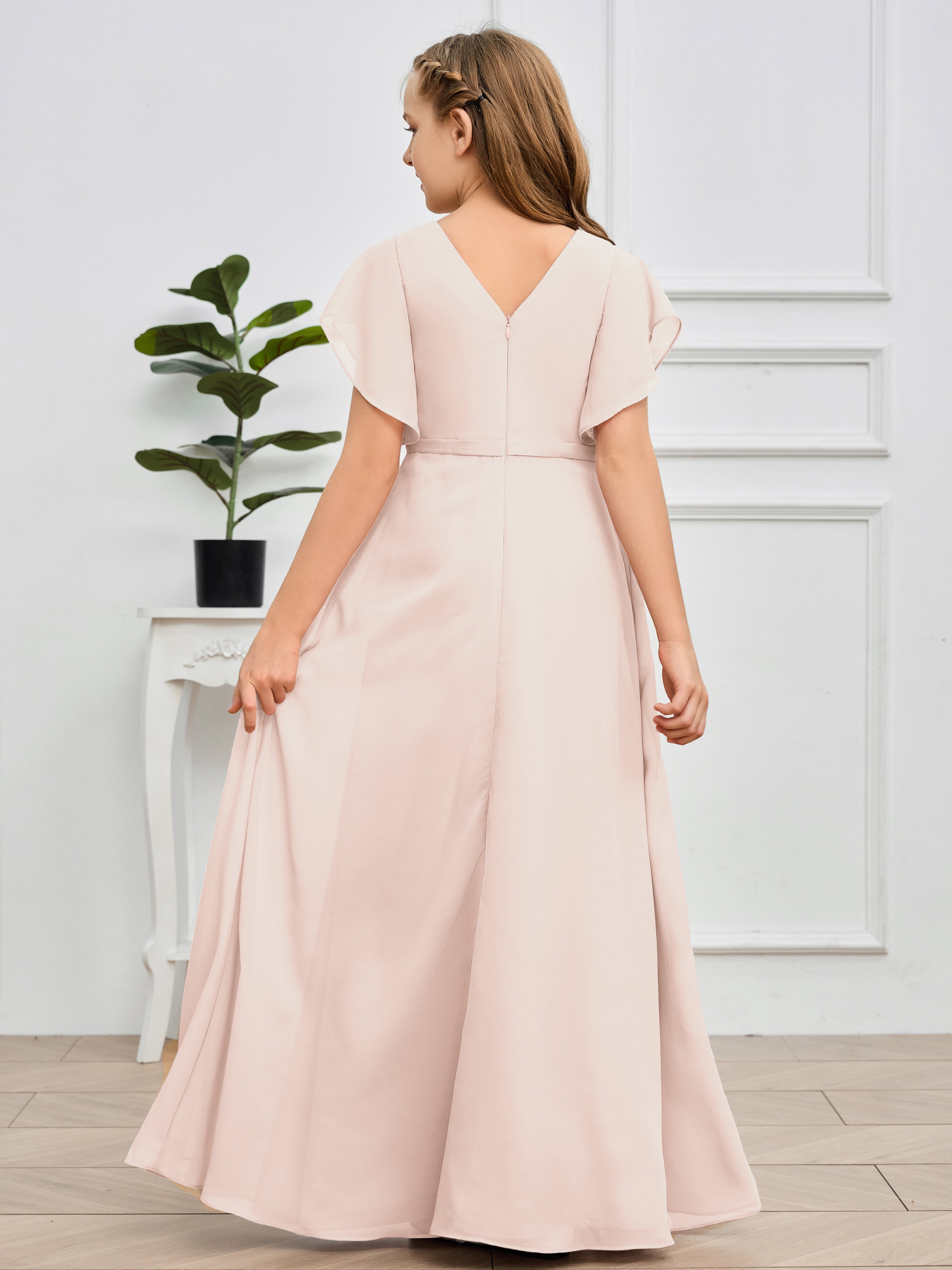 Col en V et manches volantées Mousseline Robe de demoiselle d'honneur Junior