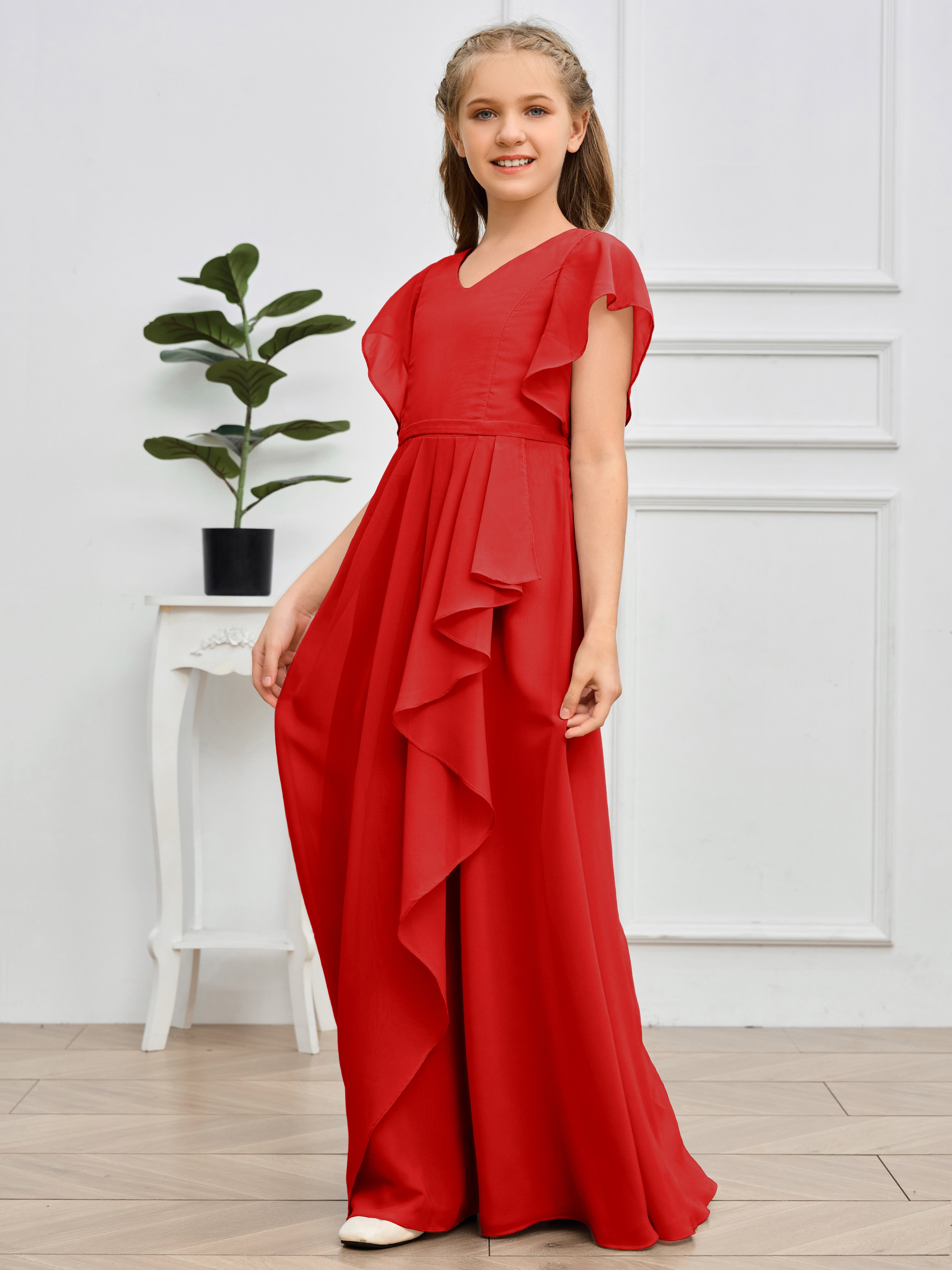 Col en V et manches volantées Mousseline Robe de demoiselle d'honneur Junior