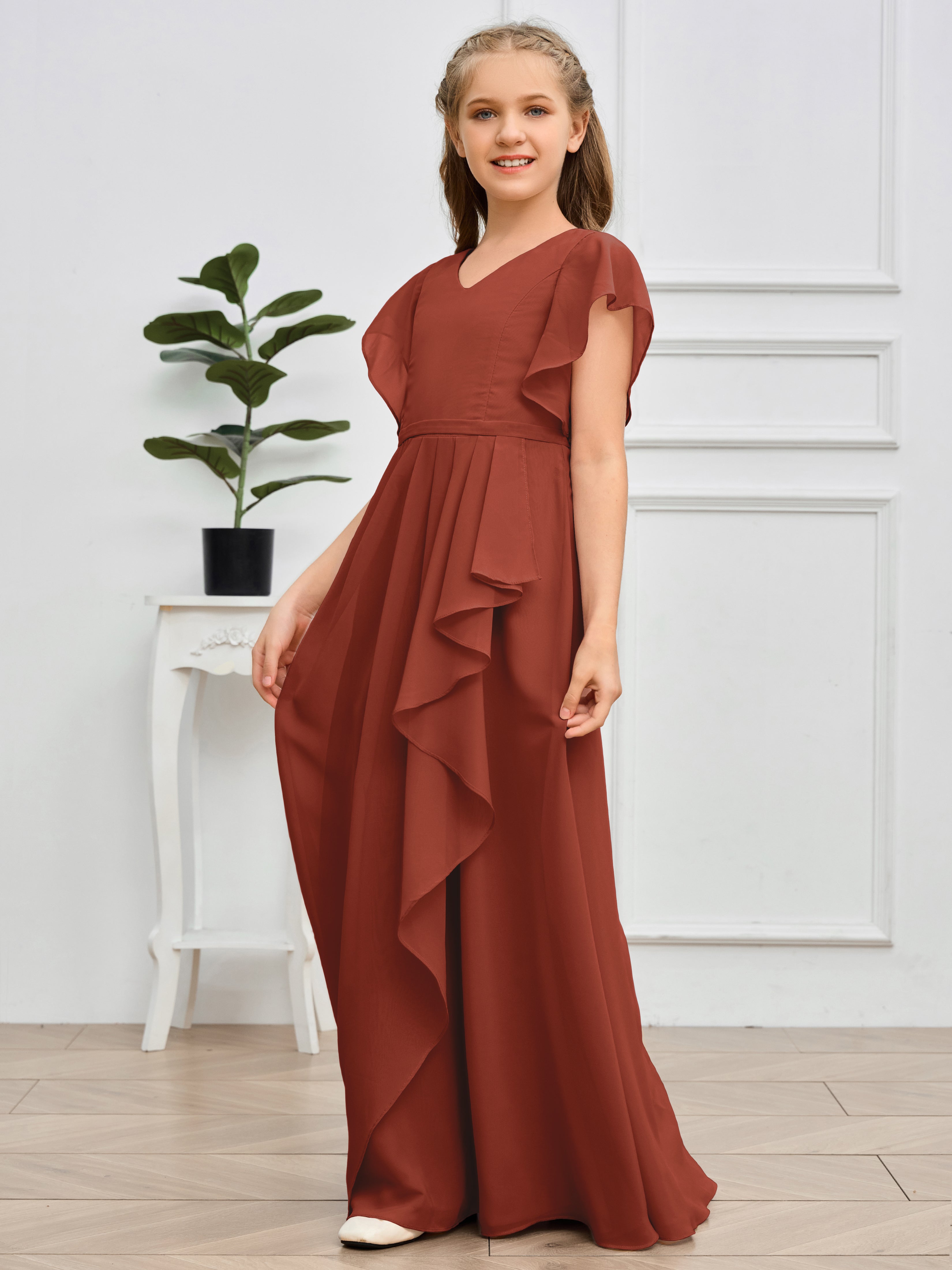 Col en V et manches volantées Mousseline Robe de demoiselle d'honneur Junior