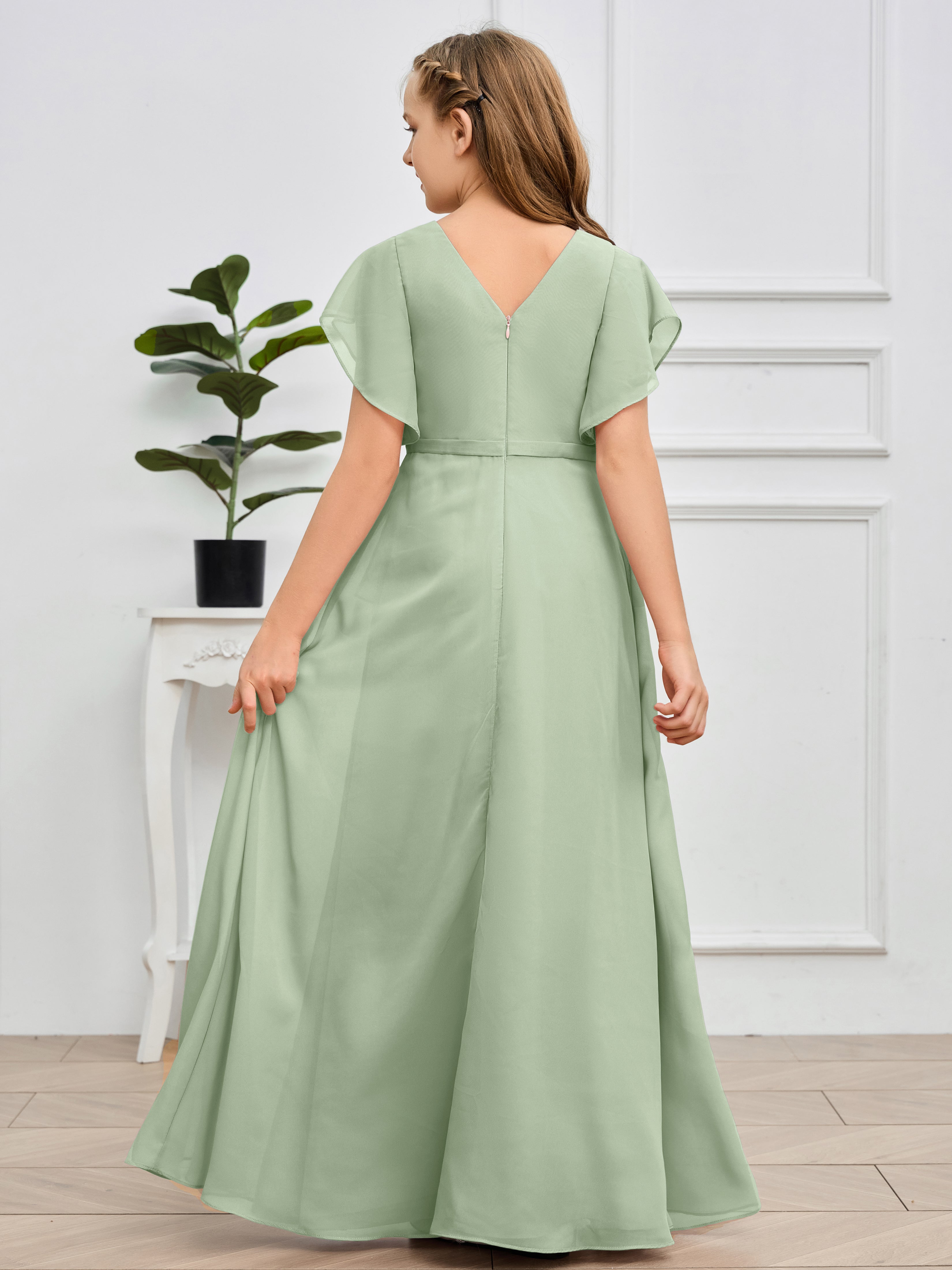 Col en V et manches volantées Mousseline Robe de demoiselle d'honneur Junior