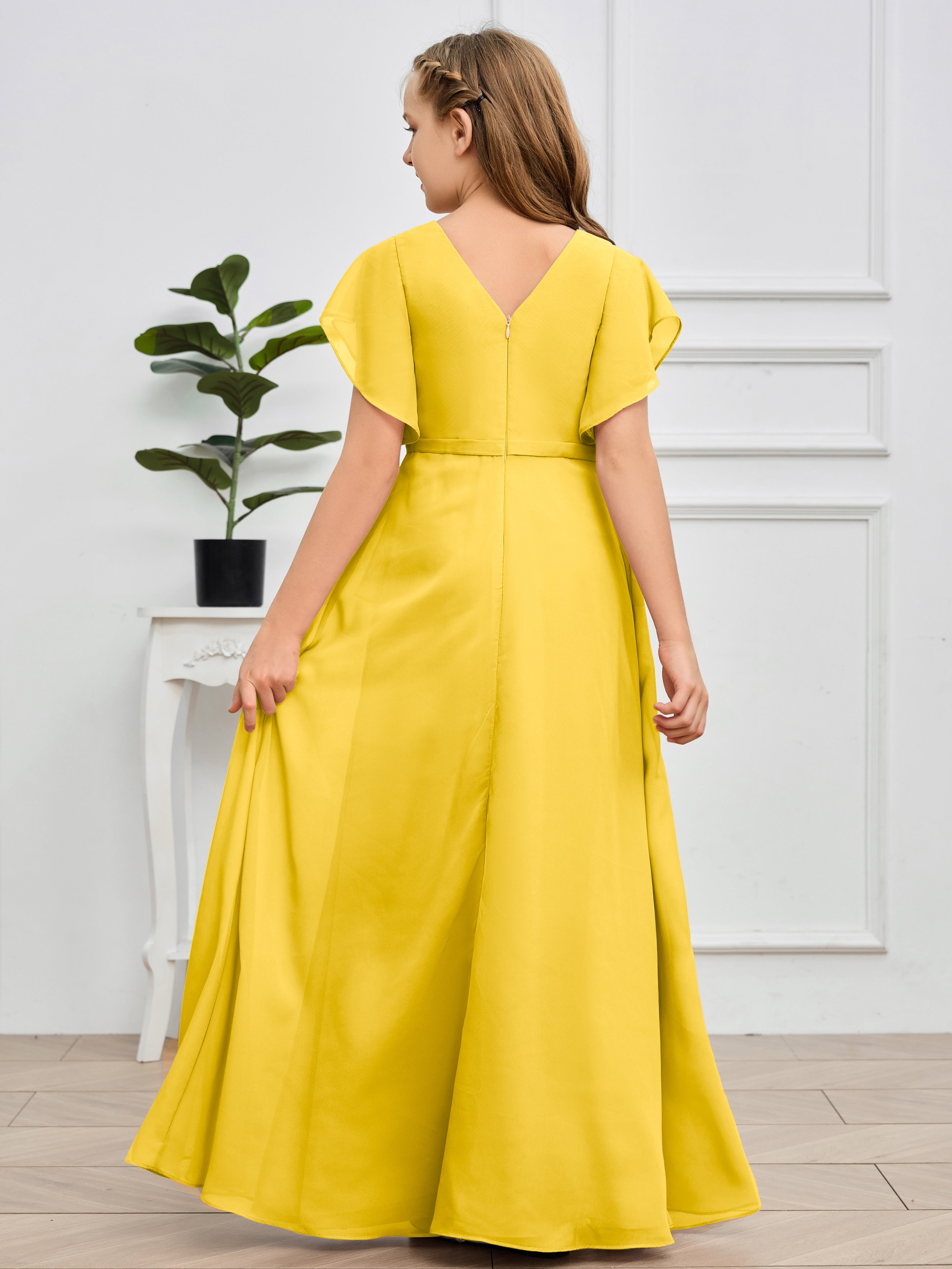 Col en V et manches volantées Mousseline Robe de demoiselle d'honneur Junior