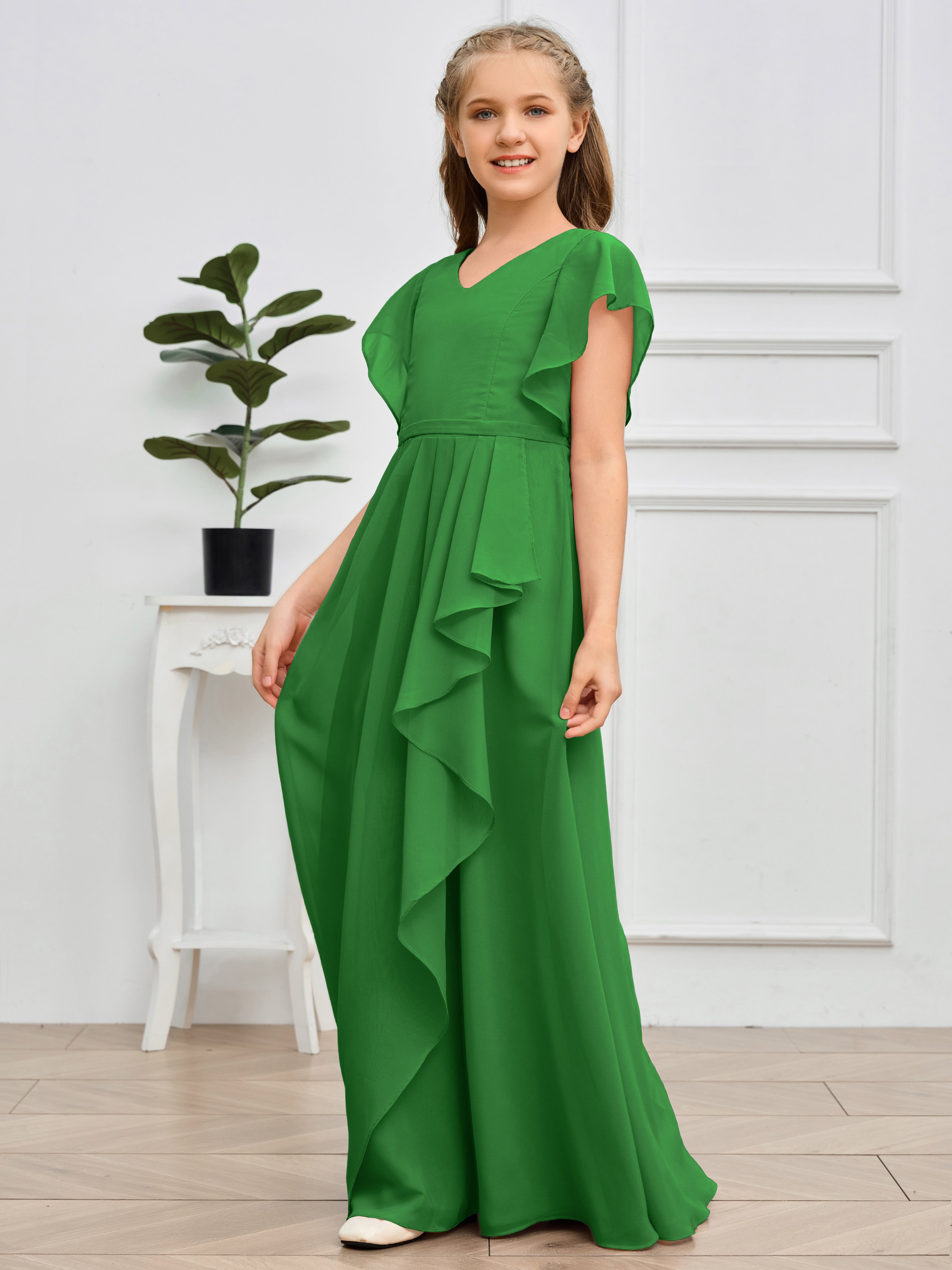 Col en V et manches volantées Mousseline Robe de demoiselle d'honneur Junior