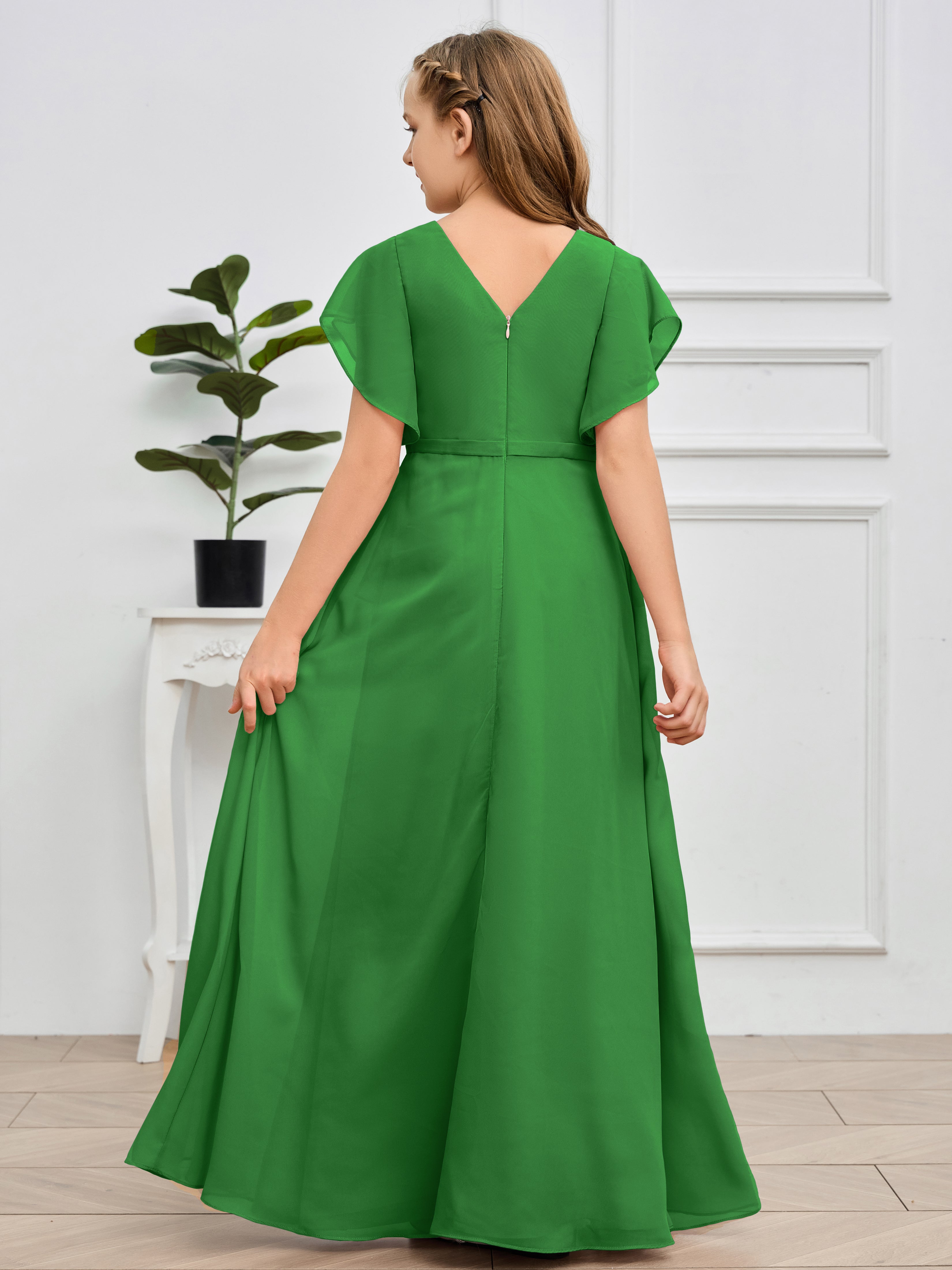 Col en V et manches volantées Mousseline Robe de demoiselle d'honneur Junior