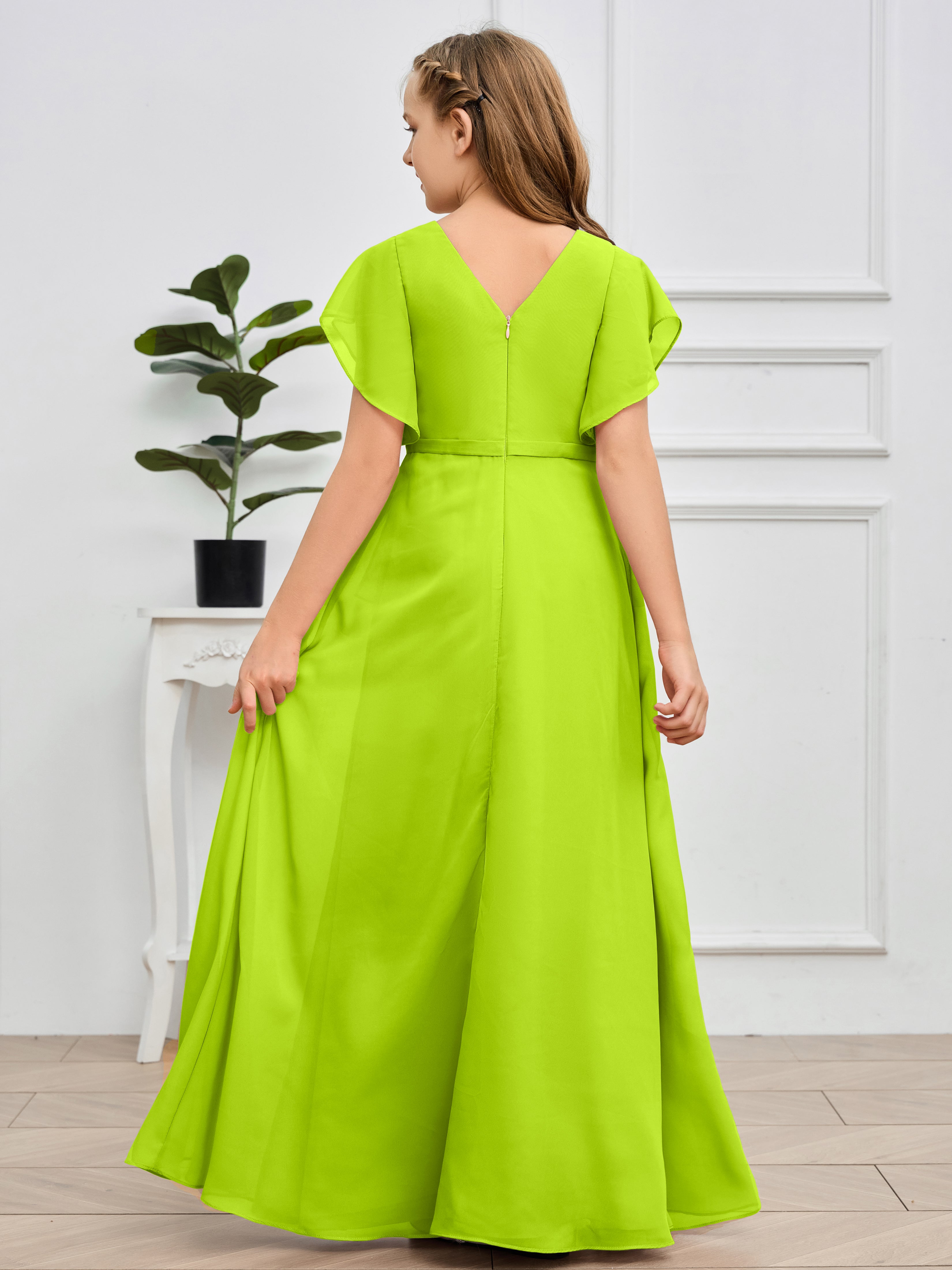 Col en V et manches volantées Mousseline Robe de demoiselle d'honneur Junior