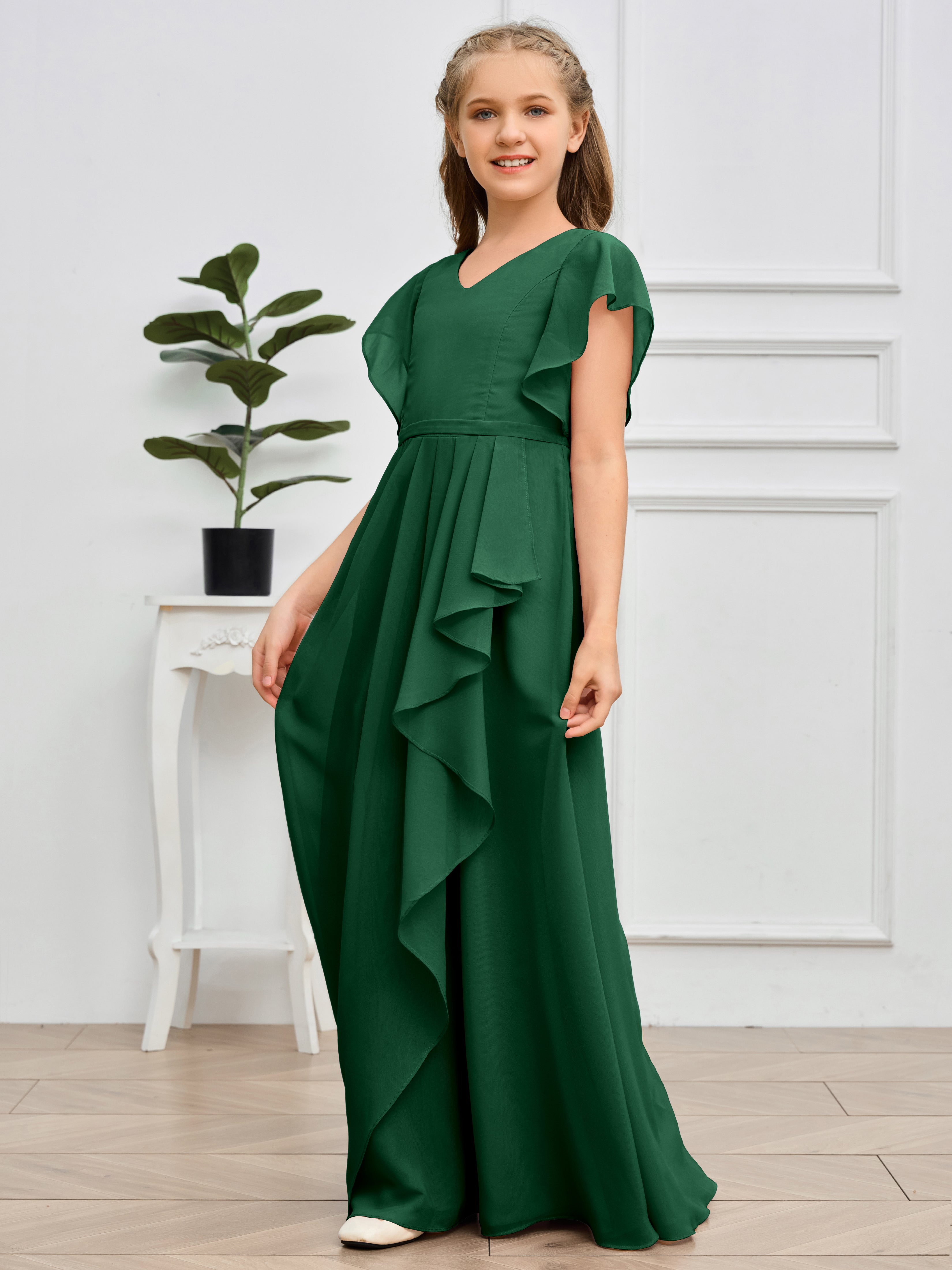 Col en V et manches volantées Mousseline Robe de demoiselle d'honneur Junior