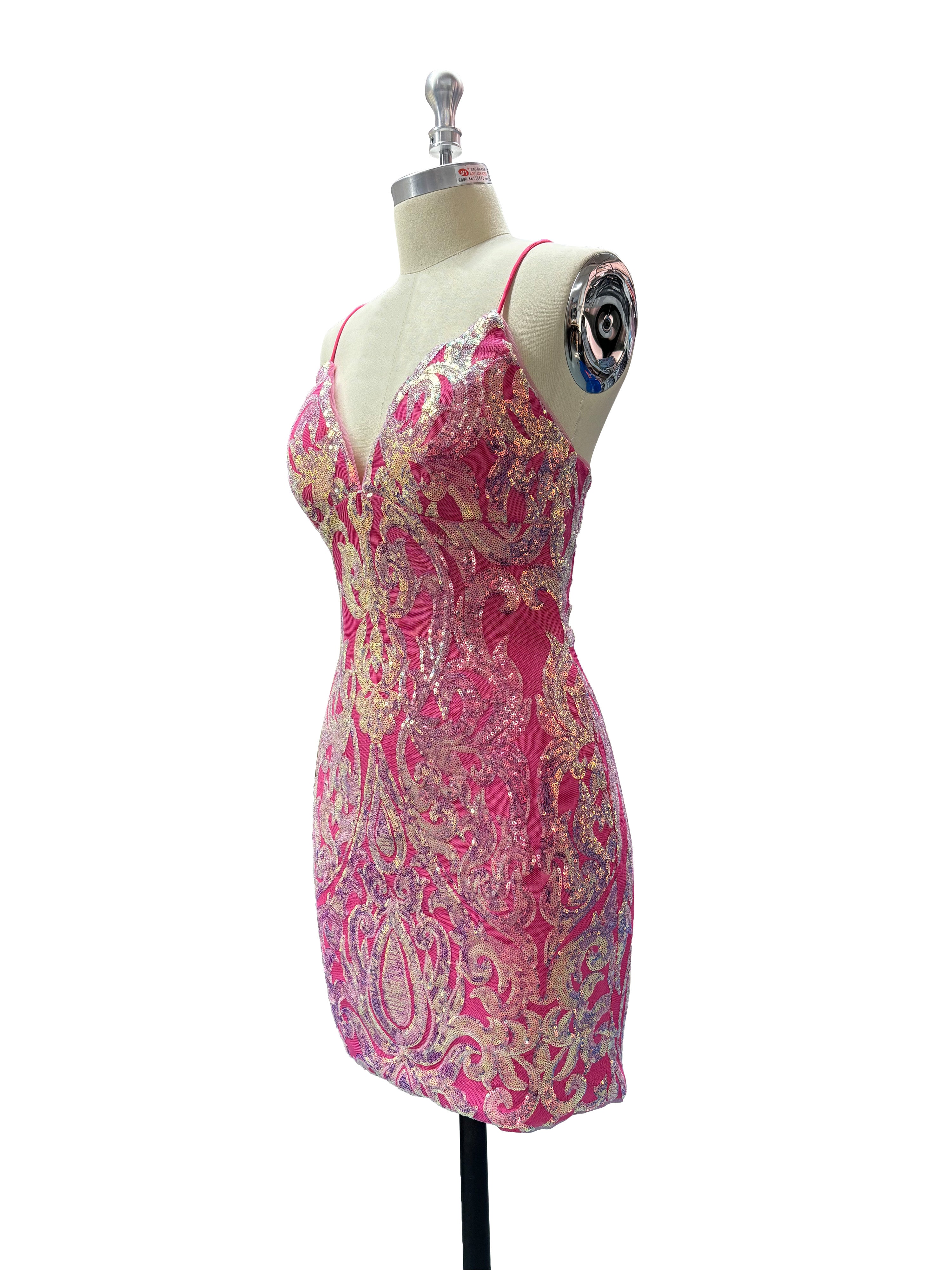 (Envoi immédiat) EU34 Col V Bretelles Spaghetti Robe de bal en Dentelle et Pailletes sans Manches