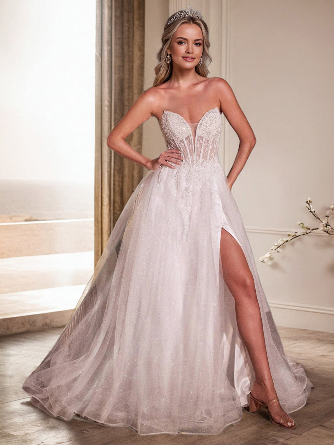 Col V Sans Manche Tulle&Dentelle Robe de Mariage avec La Courte Traîne