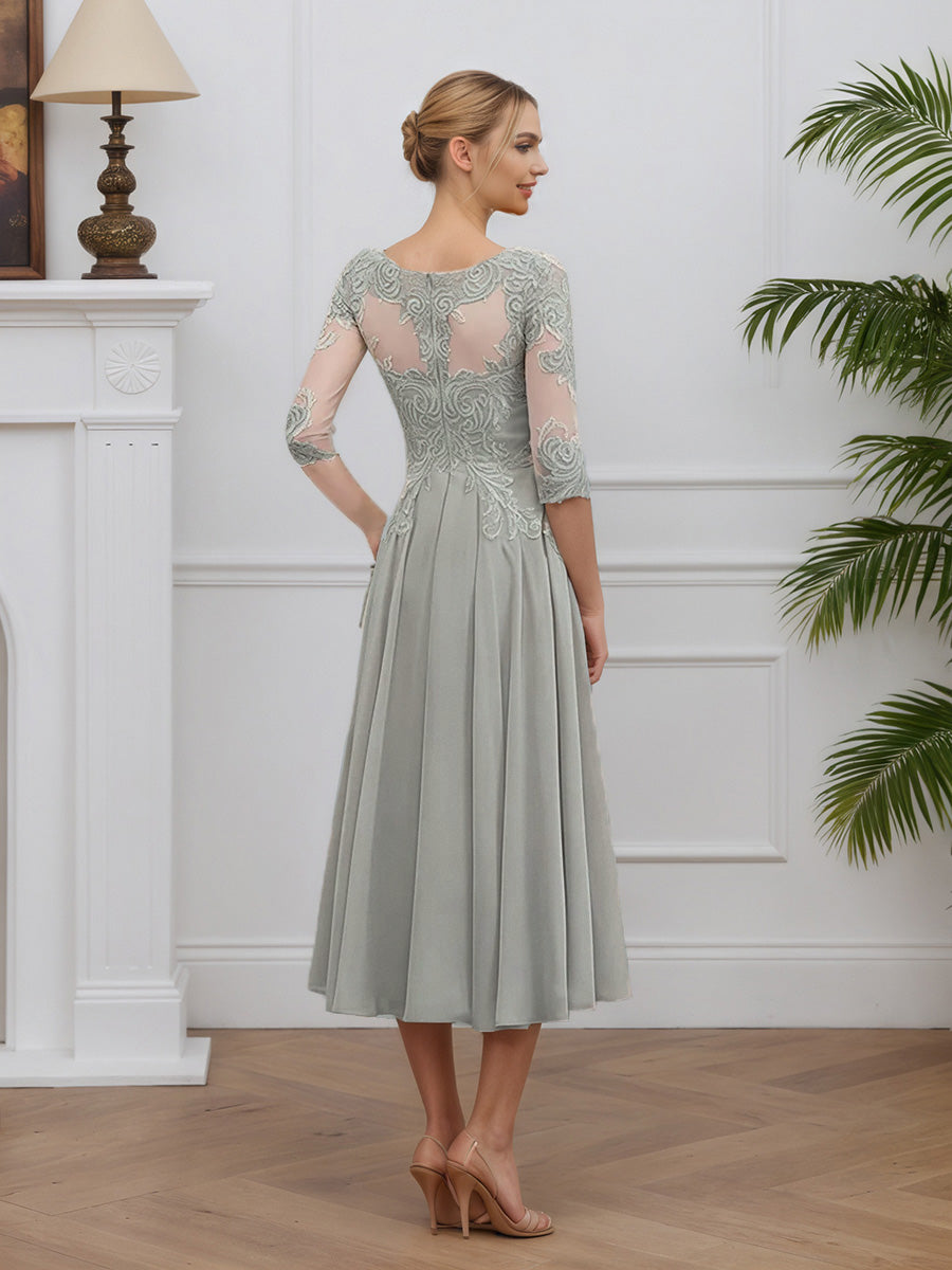 Cicinia Argent Robe pour Mère de la Mariée Longue en Mousseline et Dentelle A-Line Longueur Midi (Thé)