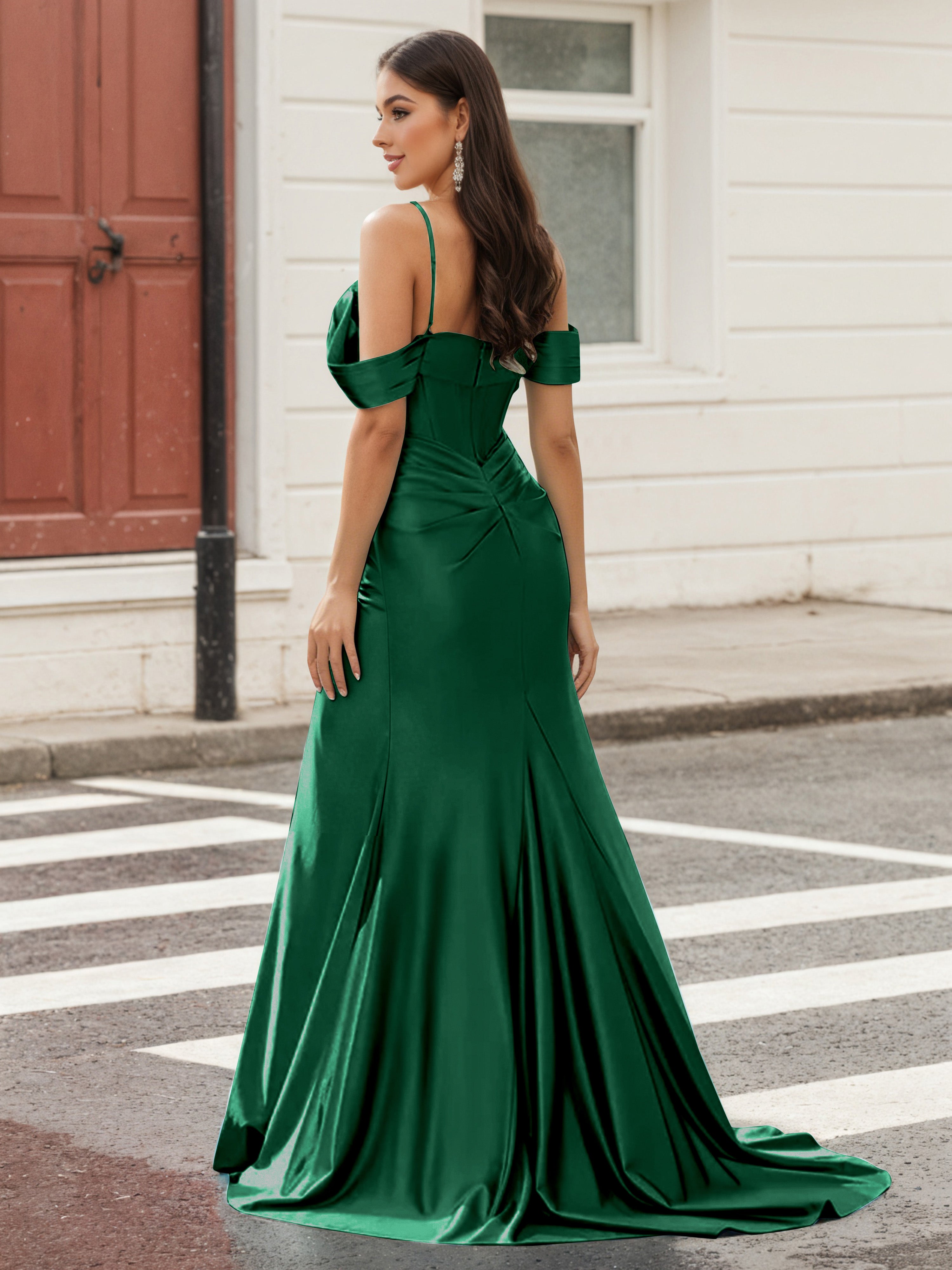 Cicinia VERT FONCE Robe de Soirée Longue en Tissu Extensible Fourreau à Bretelles Spaghetti Perlé Fente