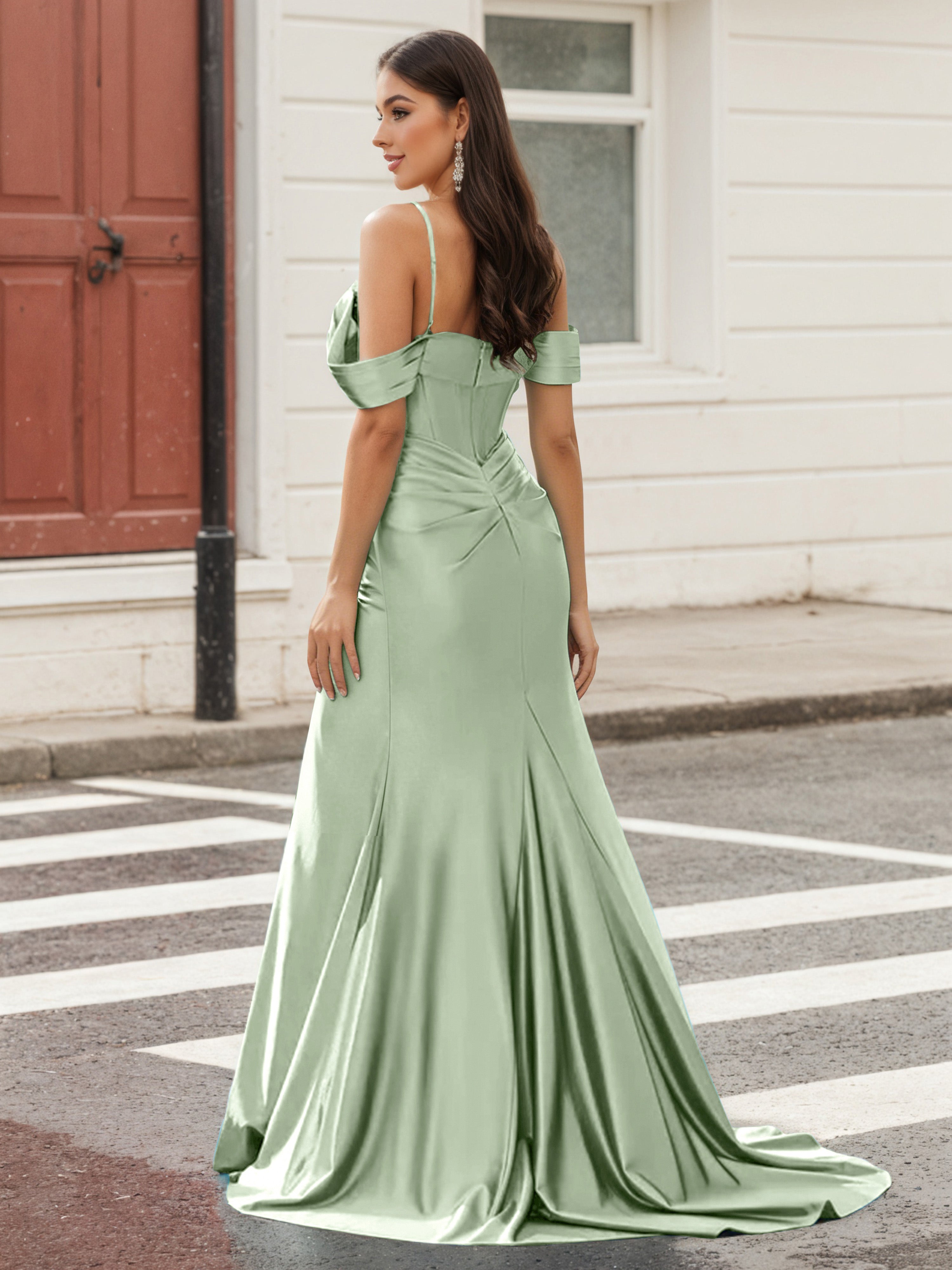 Cicinia SAUGE POUDREE Robe de Soirée Longue en Tissu Extensible Fourreau à Bretelles Spaghetti Perlé Fente