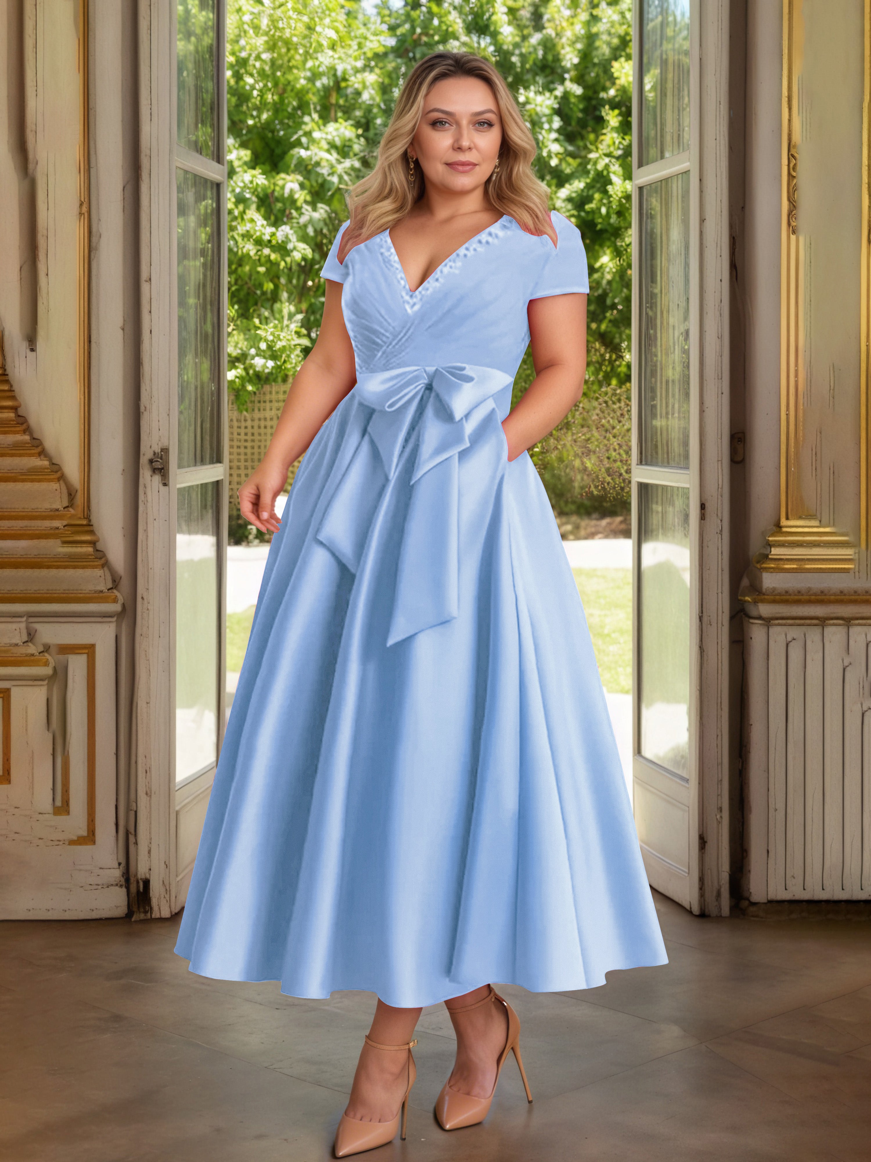Cicinia Bleu Cicinia Robe Grande Taille Mère De La Mariée Longue A-Line En Satin Perlé Décolleté En V Longueur Cheville
