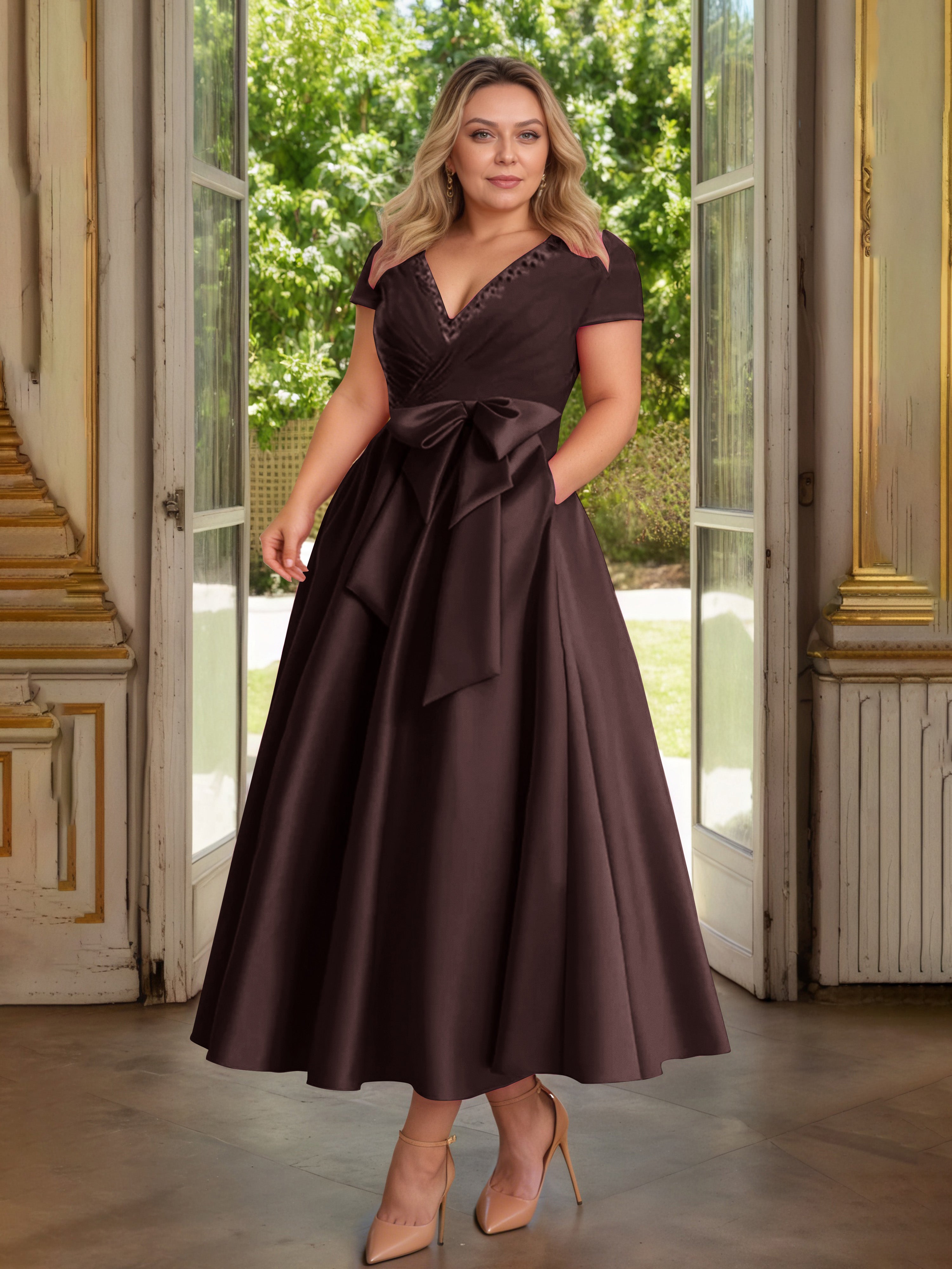 Cicinia Chocolat Cicinia Robe Grande Taille Mère De La Mariée Longue A-Line En Satin Perlé Décolleté En V Longueur Cheville