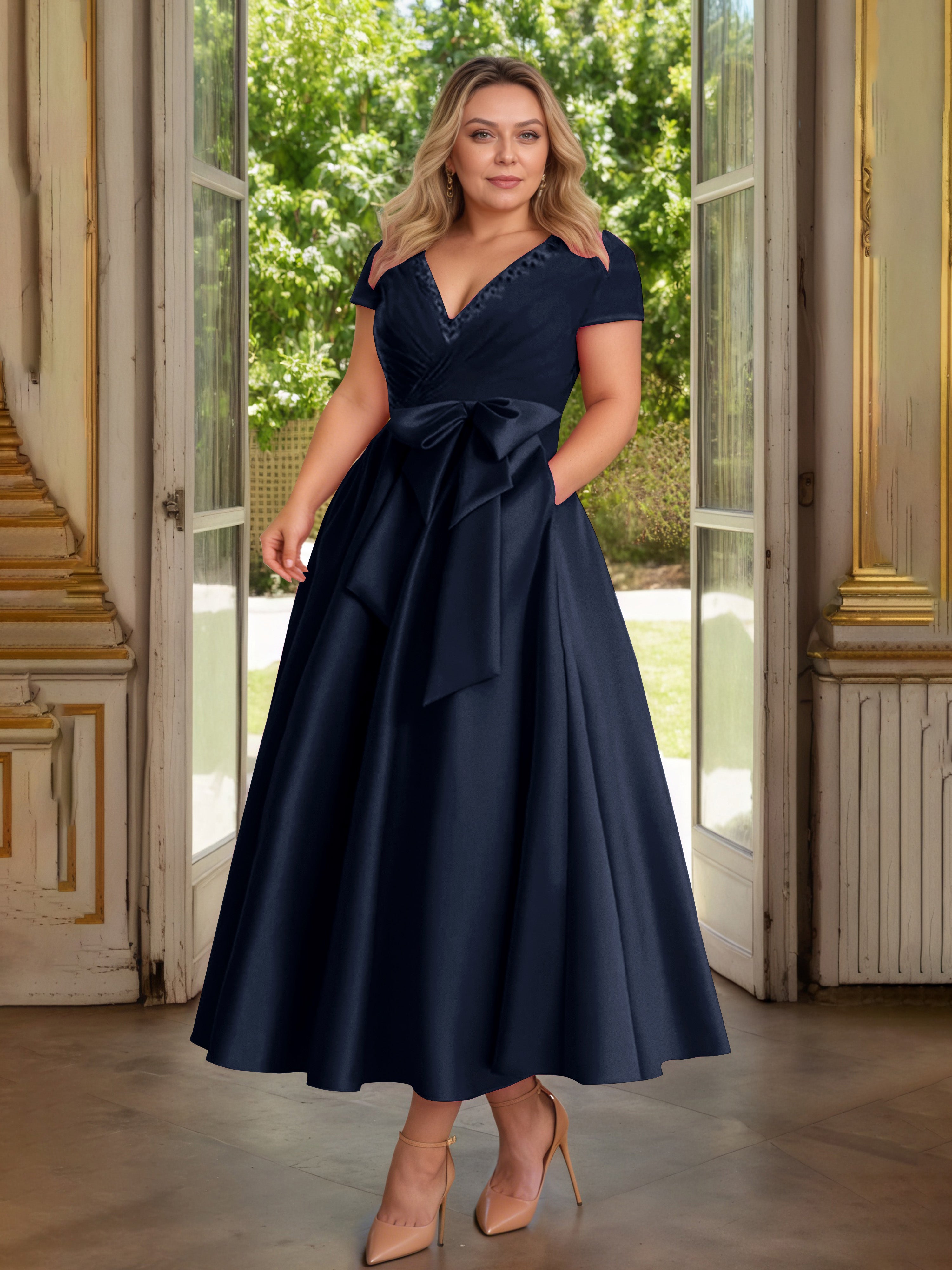 Cicinia Bleu Marine Cicinia Robe Grande Taille Mère De La Mariée Longue A-Line En Satin Perlé Décolleté En V Longueur Cheville