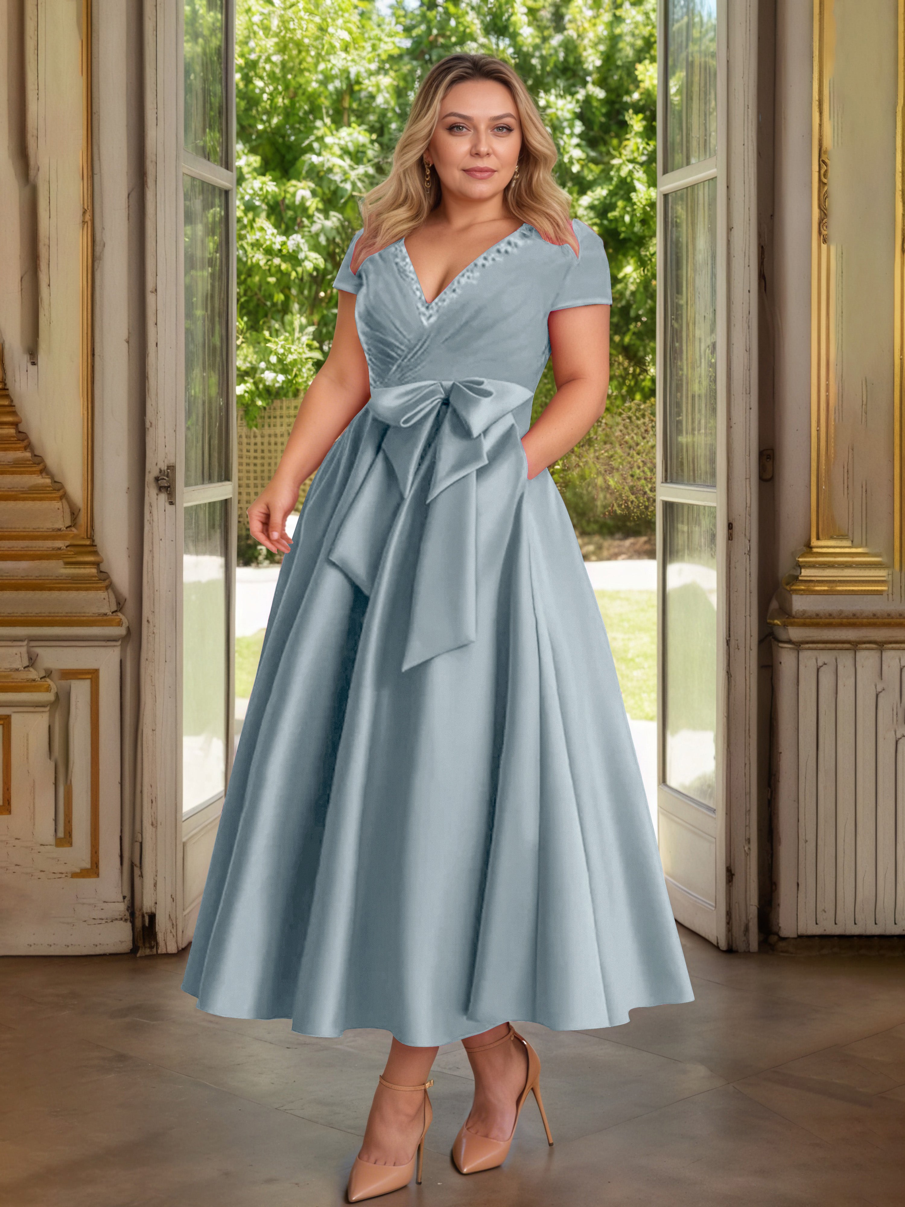 Cicinia Bleu Poudré Cicinia Robe Grande Taille Mère De La Mariée Longue A-Line En Satin Perlé Décolleté En V Longueur Cheville