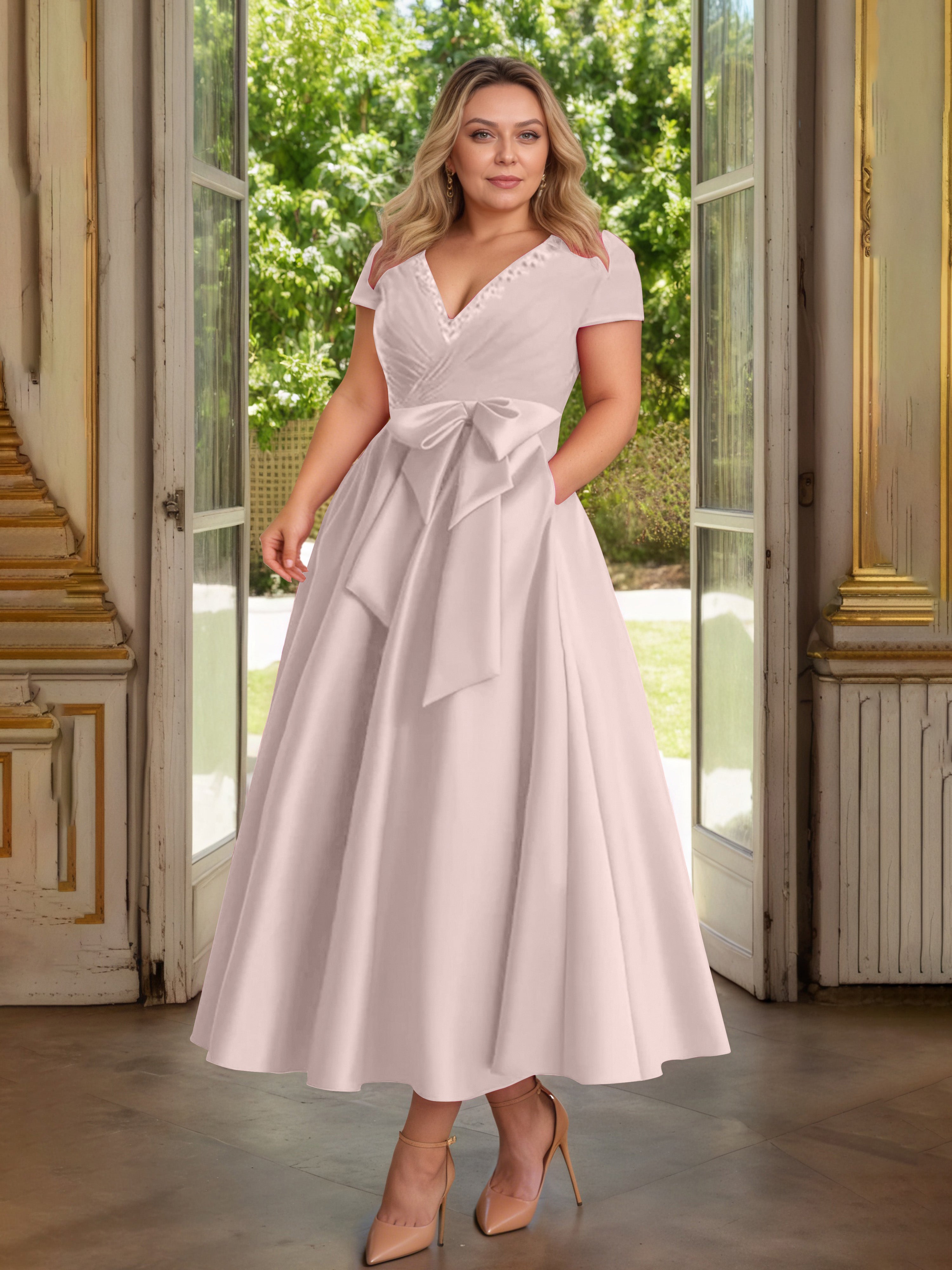 Cicinia Rose Poudré Cicinia Robe Grande Taille Mère De La Mariée Longue A-Line En Satin Perlé Décolleté En V Longueur Cheville