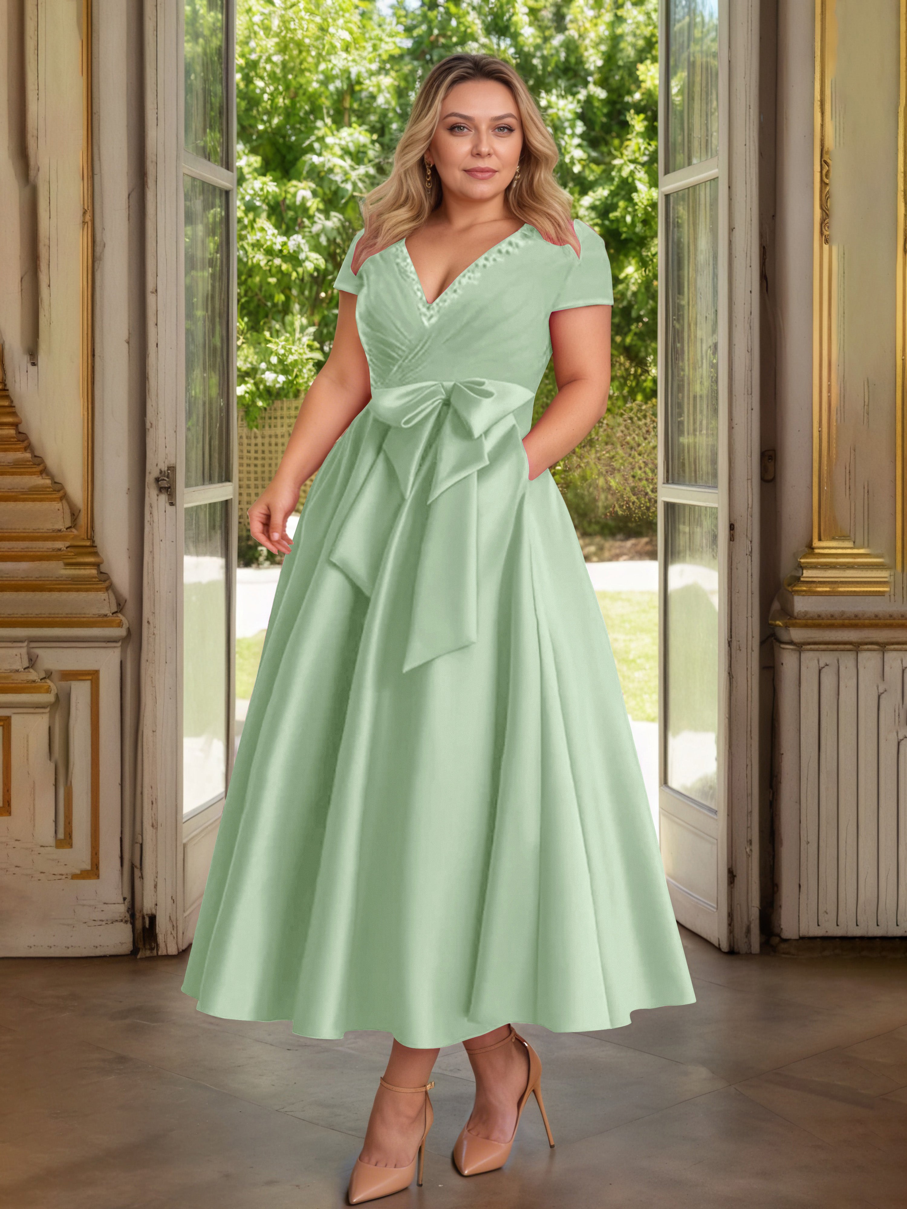 Cicinia Sauge Poudrée Cicinia Robe Grande Taille Mère De La Mariée Longue A-Line En Satin Perlé Décolleté En V Longueur Cheville