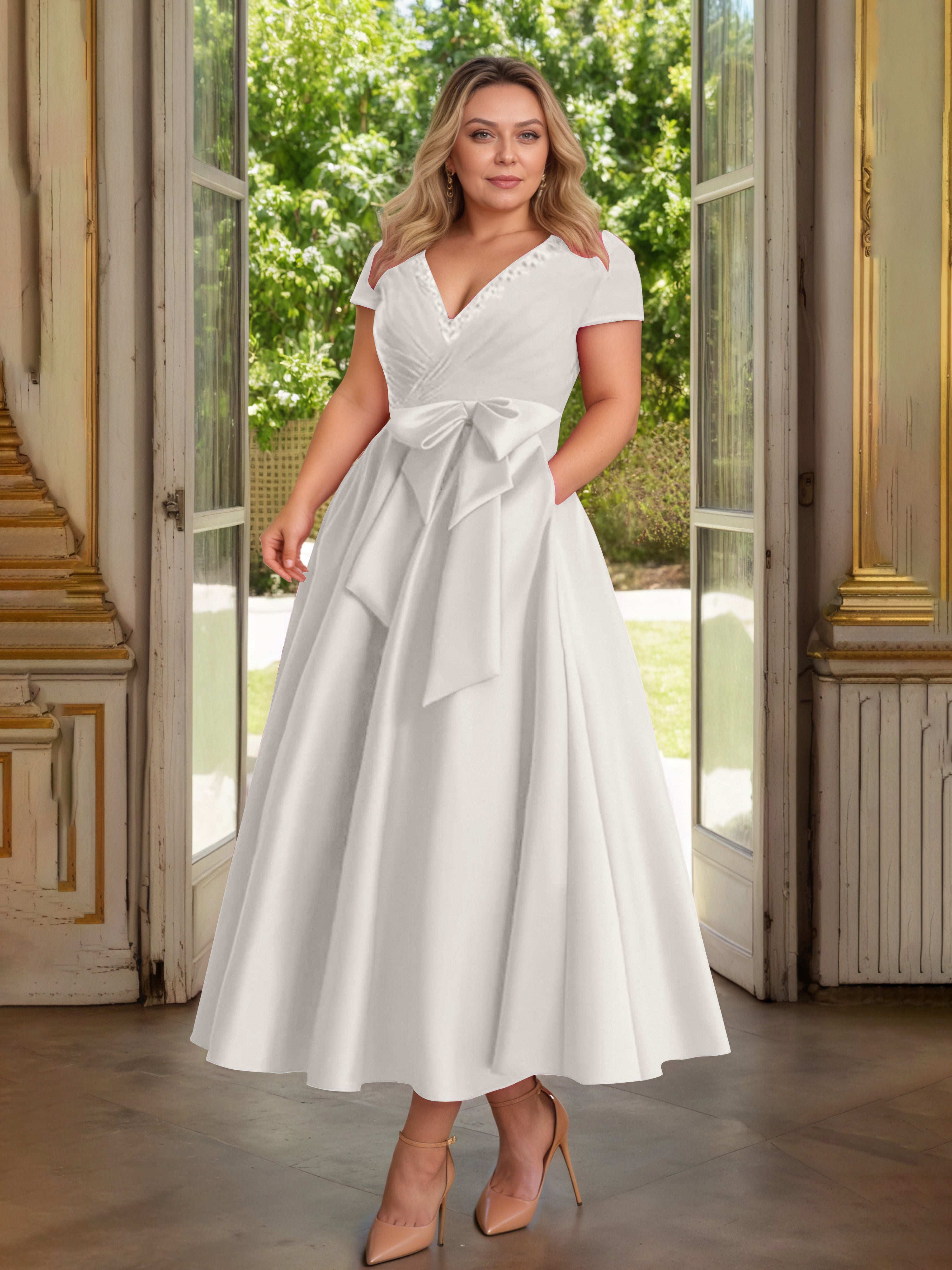 Cicinia Ivoire Cicinia Robe Grande Taille Mère De La Mariée Longue A-Line En Satin Perlé Décolleté En V Longueur Cheville