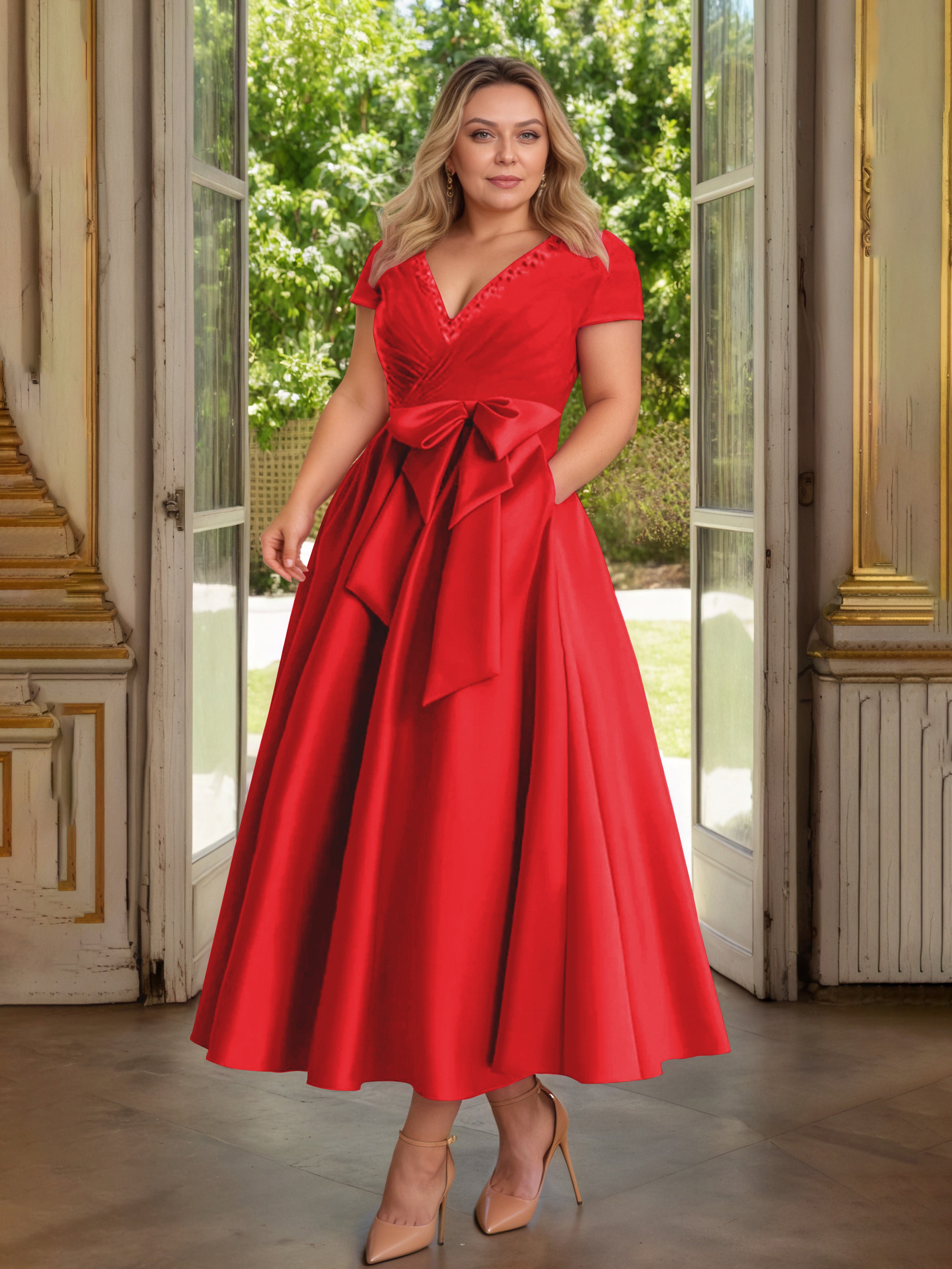 Cicinia Rouge Cicinia Robe Grande Taille Mère De La Mariée Longue A-Line En Satin Perlé Décolleté En V Longueur Cheville