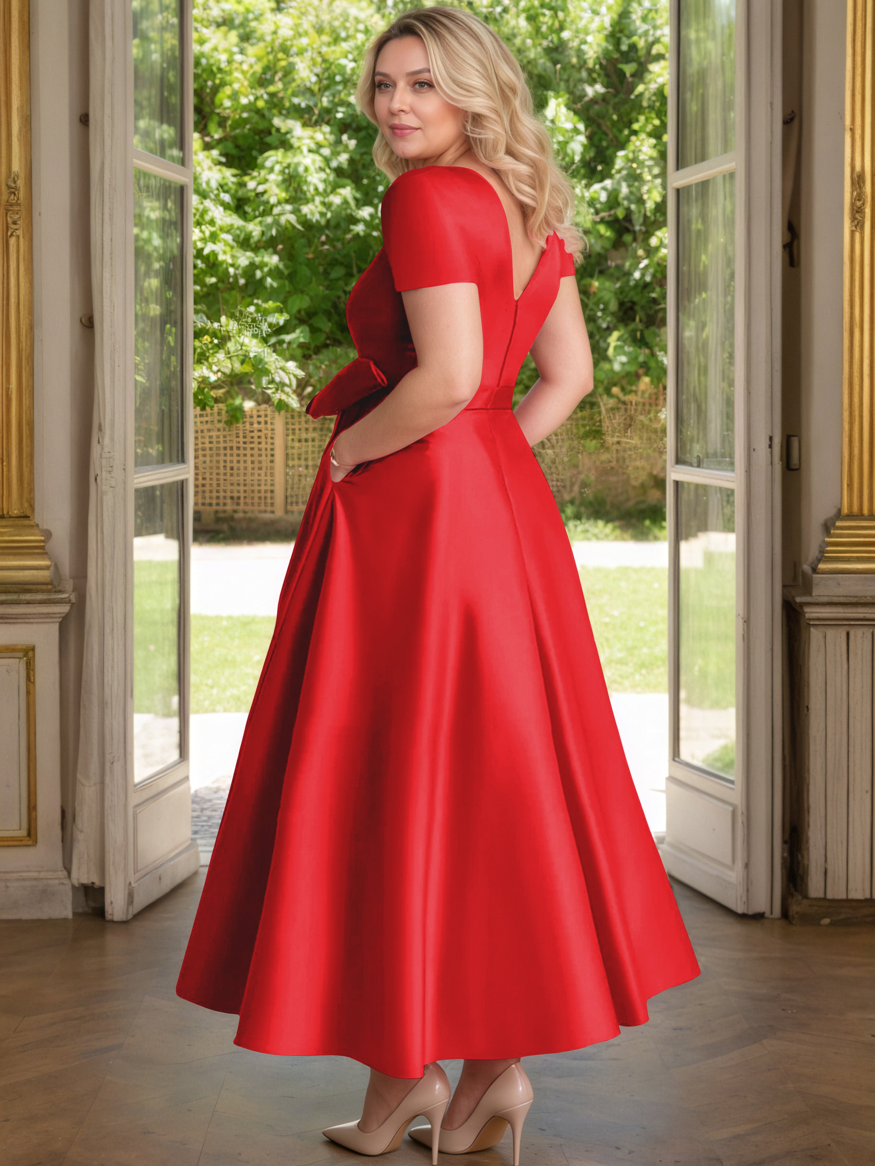 Cicinia Rouge Cicinia Robe Grande Taille Mère De La Mariée Longue A-Line En Satin Perlé Décolleté En V Longueur Cheville