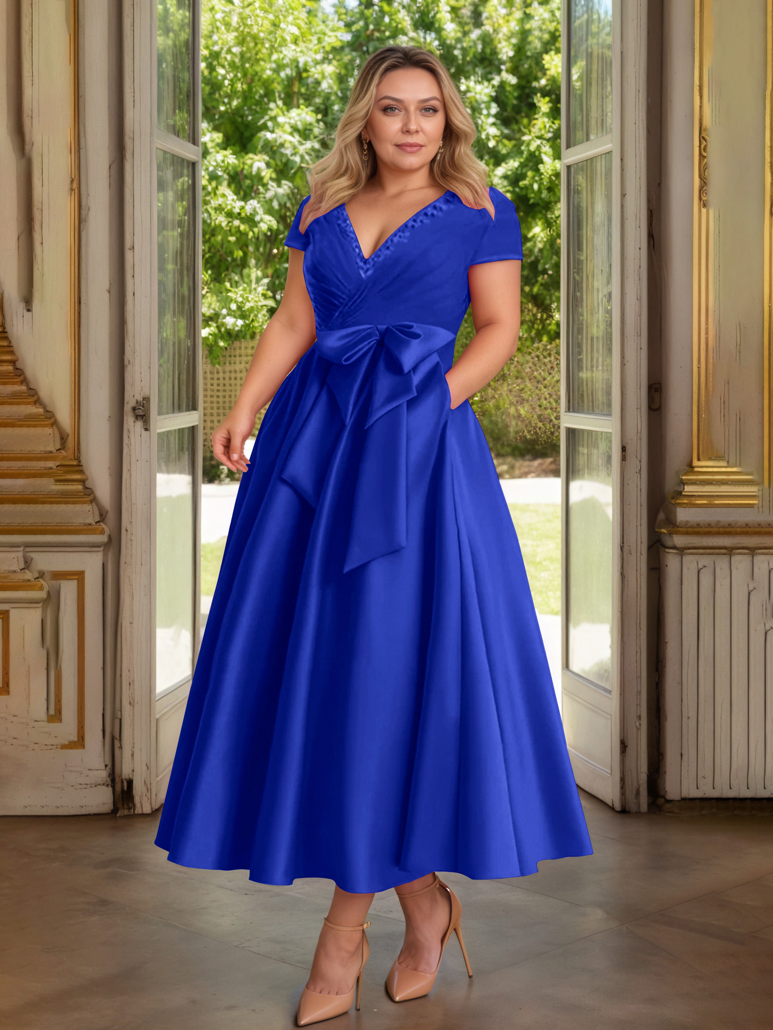 Cicinia Bleu Royale Cicinia Robe Grande Taille Mère De La Mariée Longue A-Line En Satin Perlé Décolleté En V Longueur Cheville