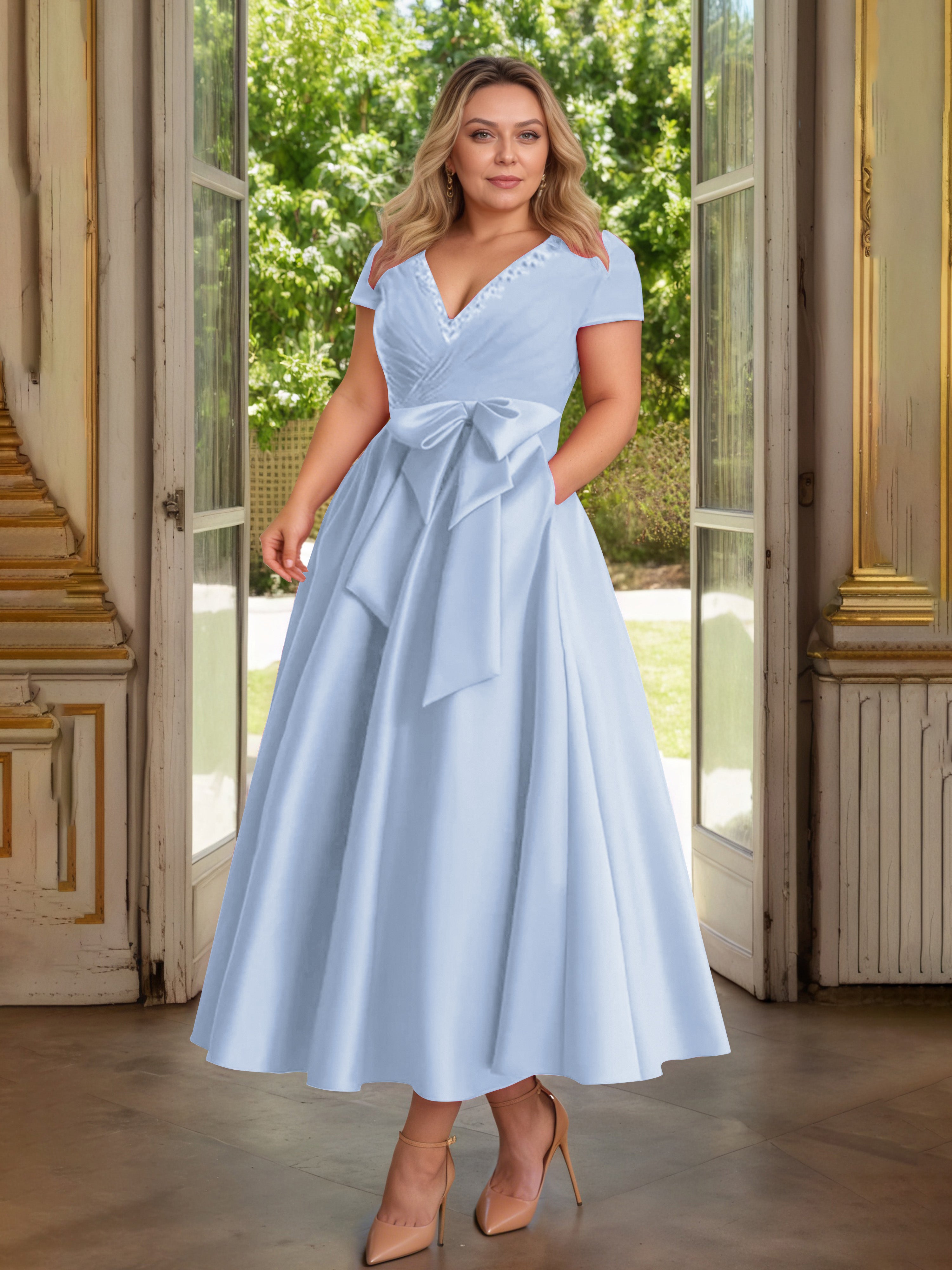 Cicinia Bleu Ciel Cicinia Robe Grande Taille Mère De La Mariée Longue A-Line En Satin Perlé Décolleté En V Longueur Cheville
