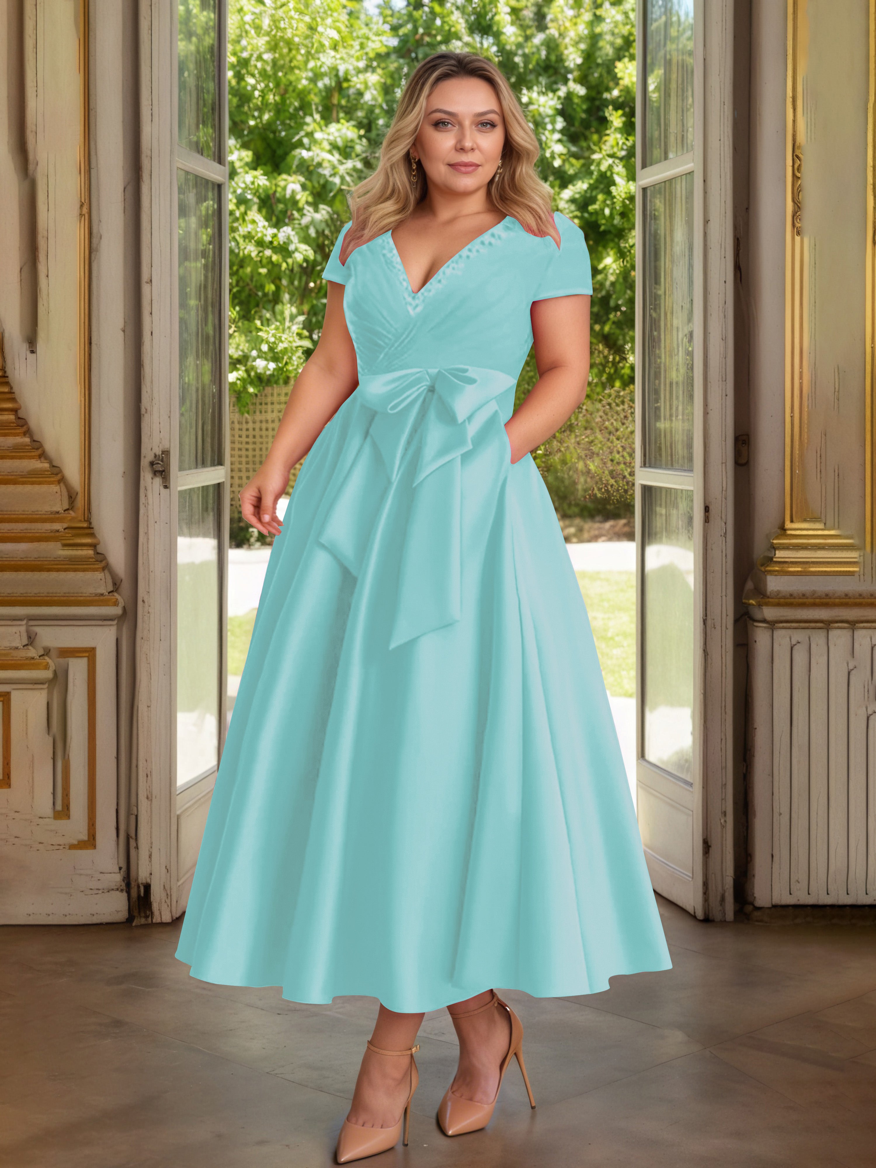 Cicinia Turquoise Cicinia Robe Grande Taille Mère De La Mariée Longue A-Line En Satin Perlé Décolleté En V Longueur Cheville