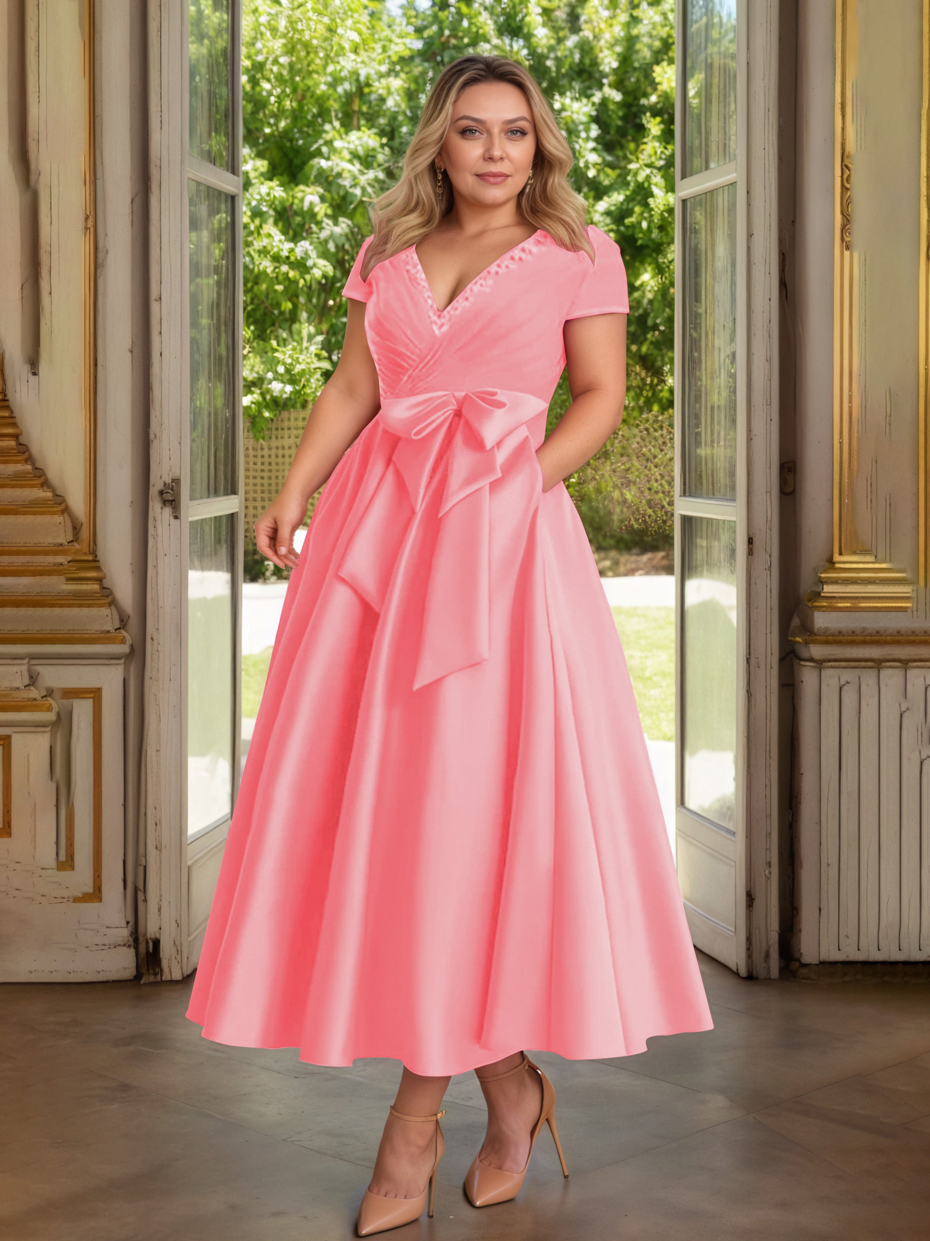 Cicinia Pastèque Cicinia Robe Grande Taille Mère De La Mariée Longue A-Line En Satin Perlé Décolleté En V Longueur Cheville