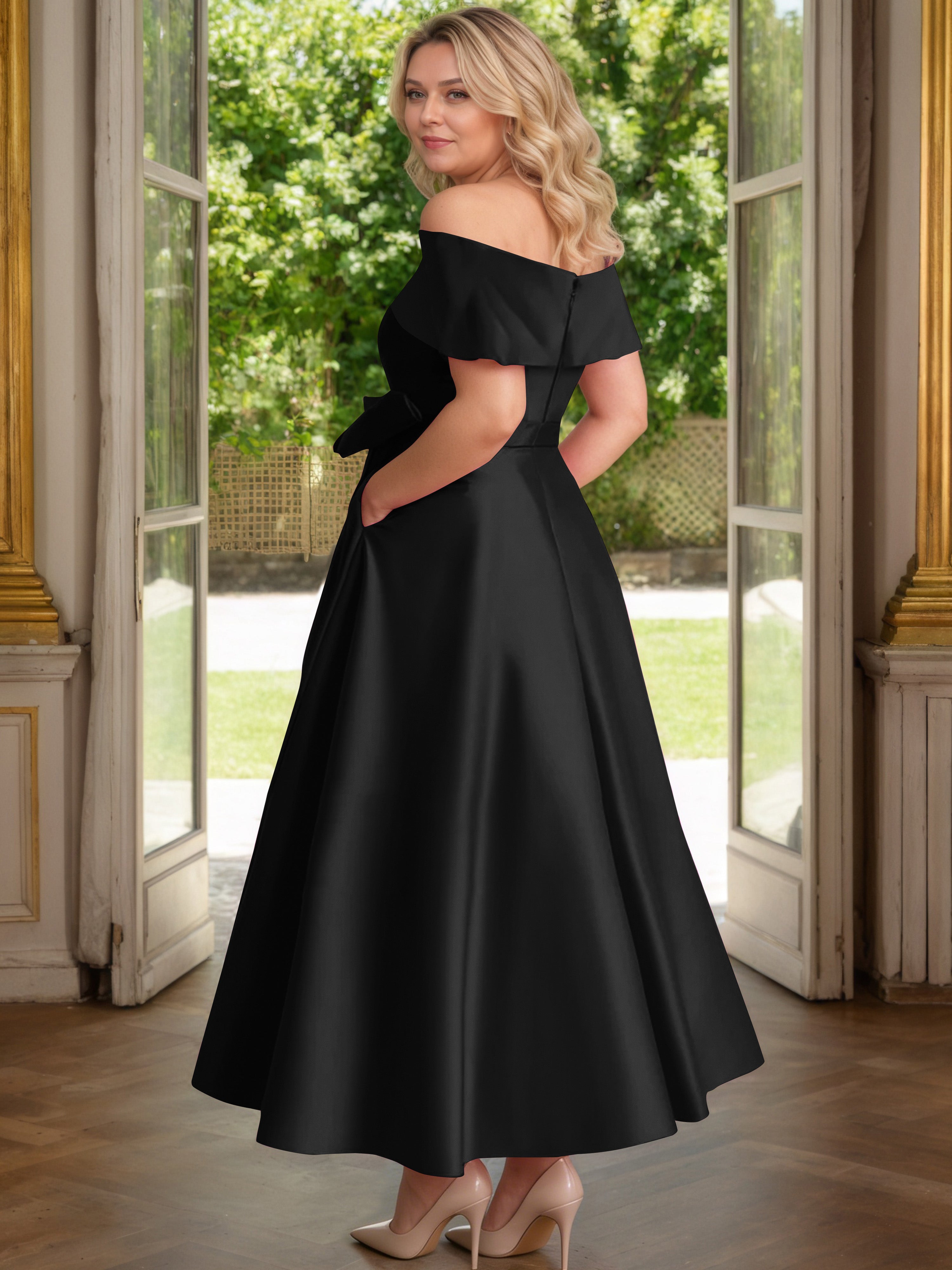 Cicinia Noir Cicinia Robe Grande Taille Mère De La Mariée Longue A-Line En Satin Épaules Dénudées Avec Nœud Papillon Longueur Cheville