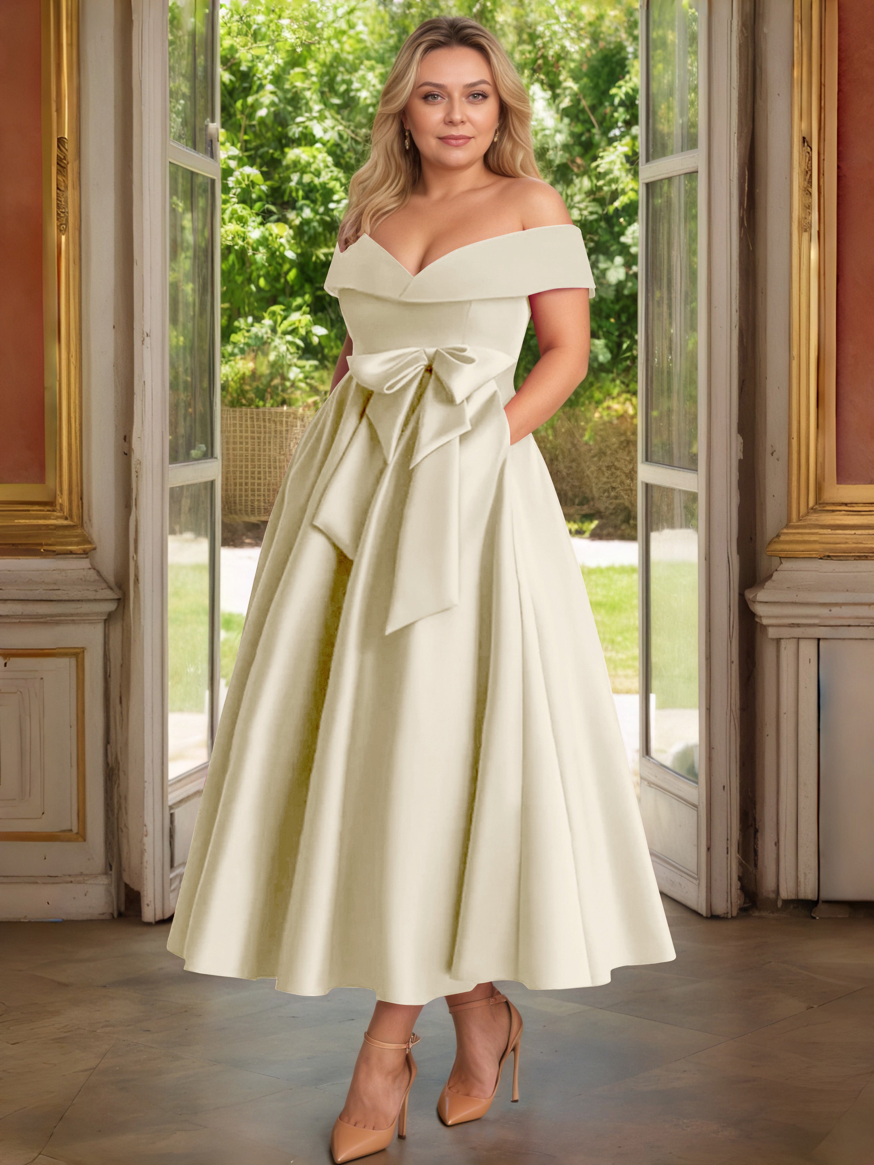 Cicinia Champagne Cicinia Robe Grande Taille Mère De La Mariée Longue A-Line En Satin Épaules Dénudées Avec Nœud Papillon Longueur Cheville
