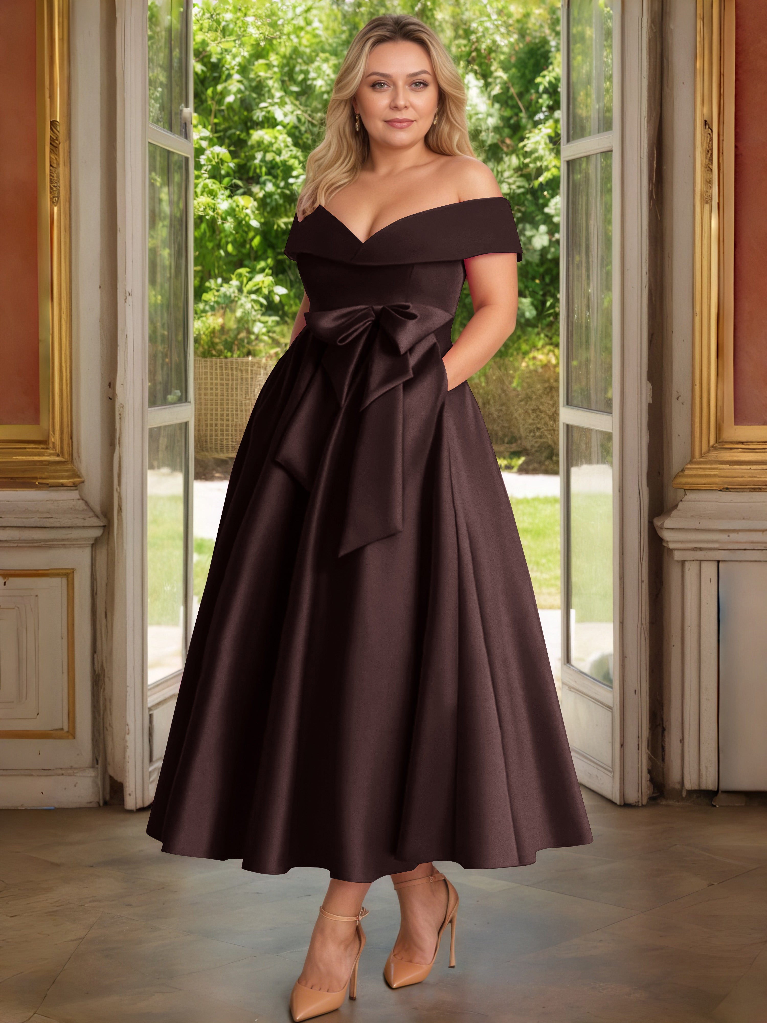 Cicinia Chocolat Cicinia Robe Grande Taille Mère De La Mariée Longue A-Line En Satin Épaules Dénudées Avec Nœud Papillon Longueur Cheville