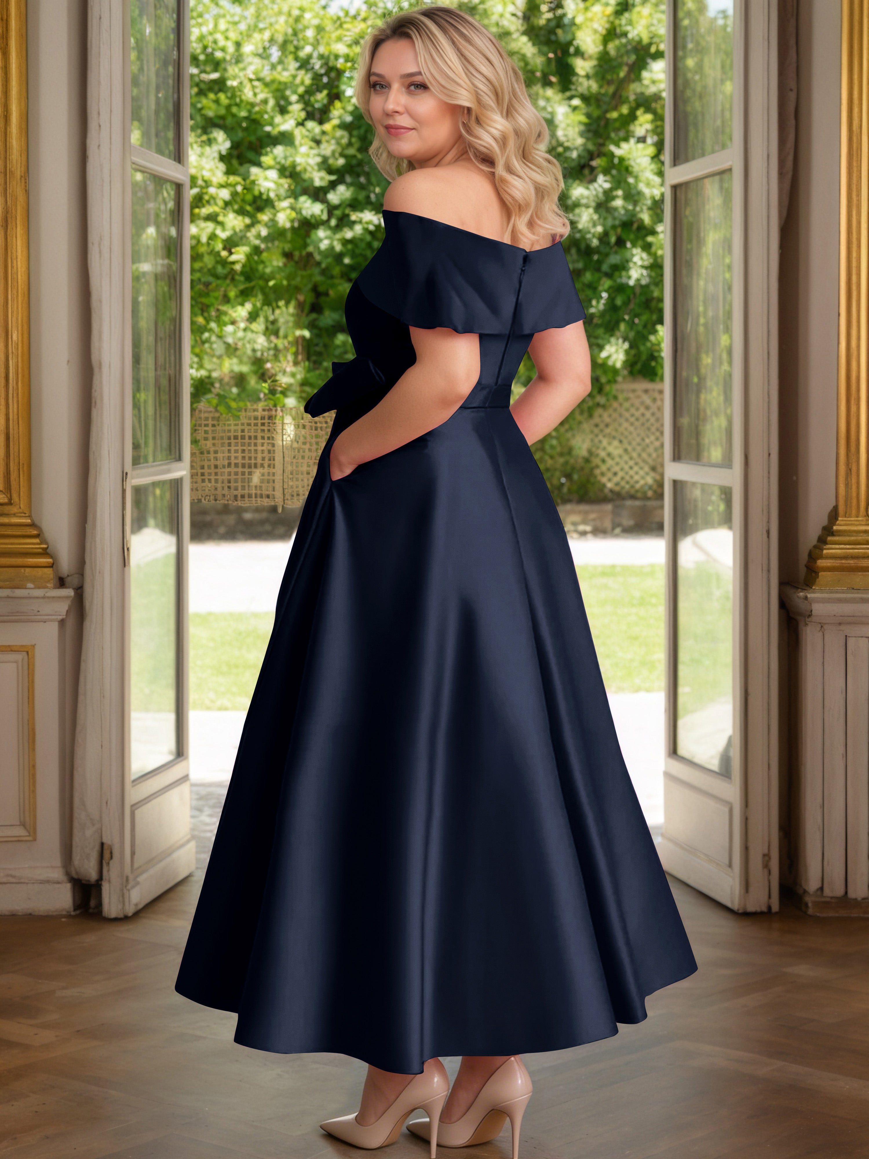 Cicinia Bleu Marine Cicinia Robe Grande Taille Mère De La Mariée Longue A-Line En Satin Épaules Dénudées Avec Nœud Papillon Longueur Cheville
