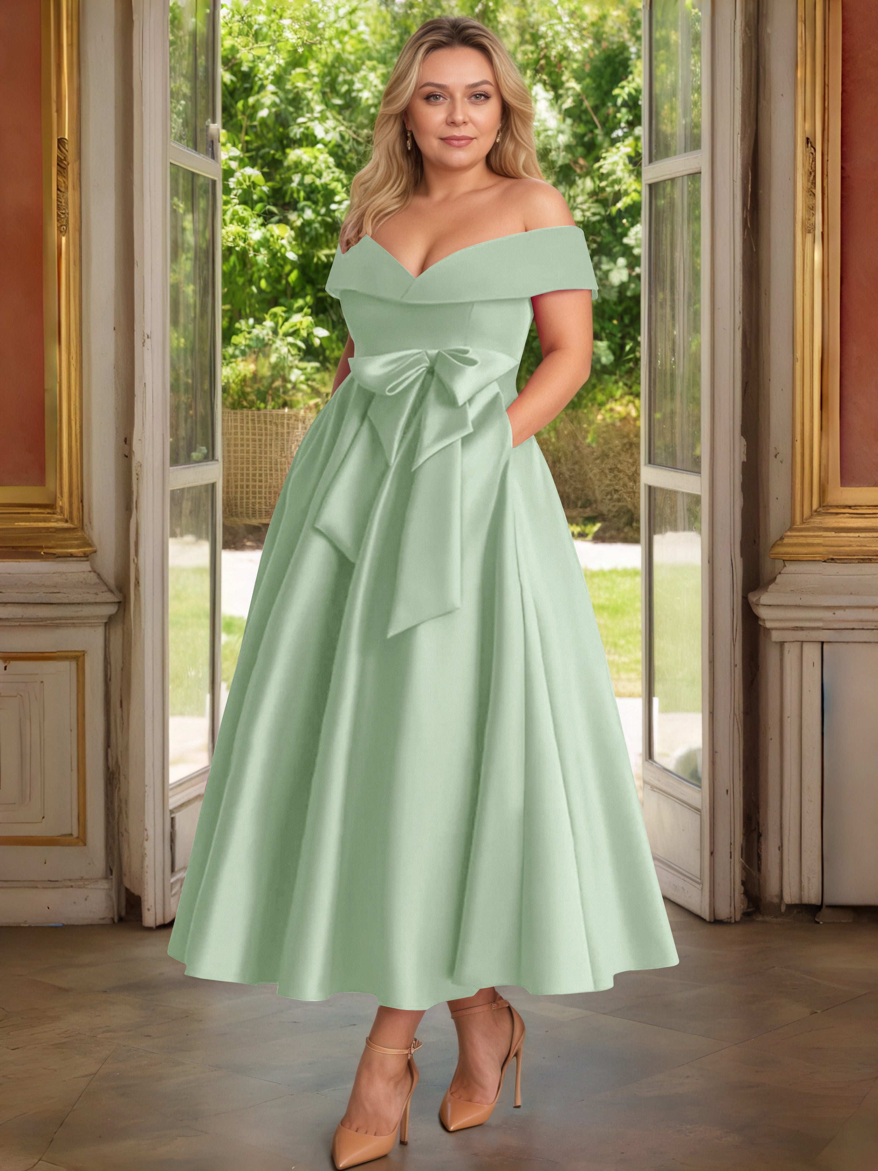 Cicinia Sauge Poudrée Cicinia Robe Grande Taille Mère De La Mariée Longue A-Line En Satin Épaules Dénudées Avec Nœud Papillon Longueur Cheville