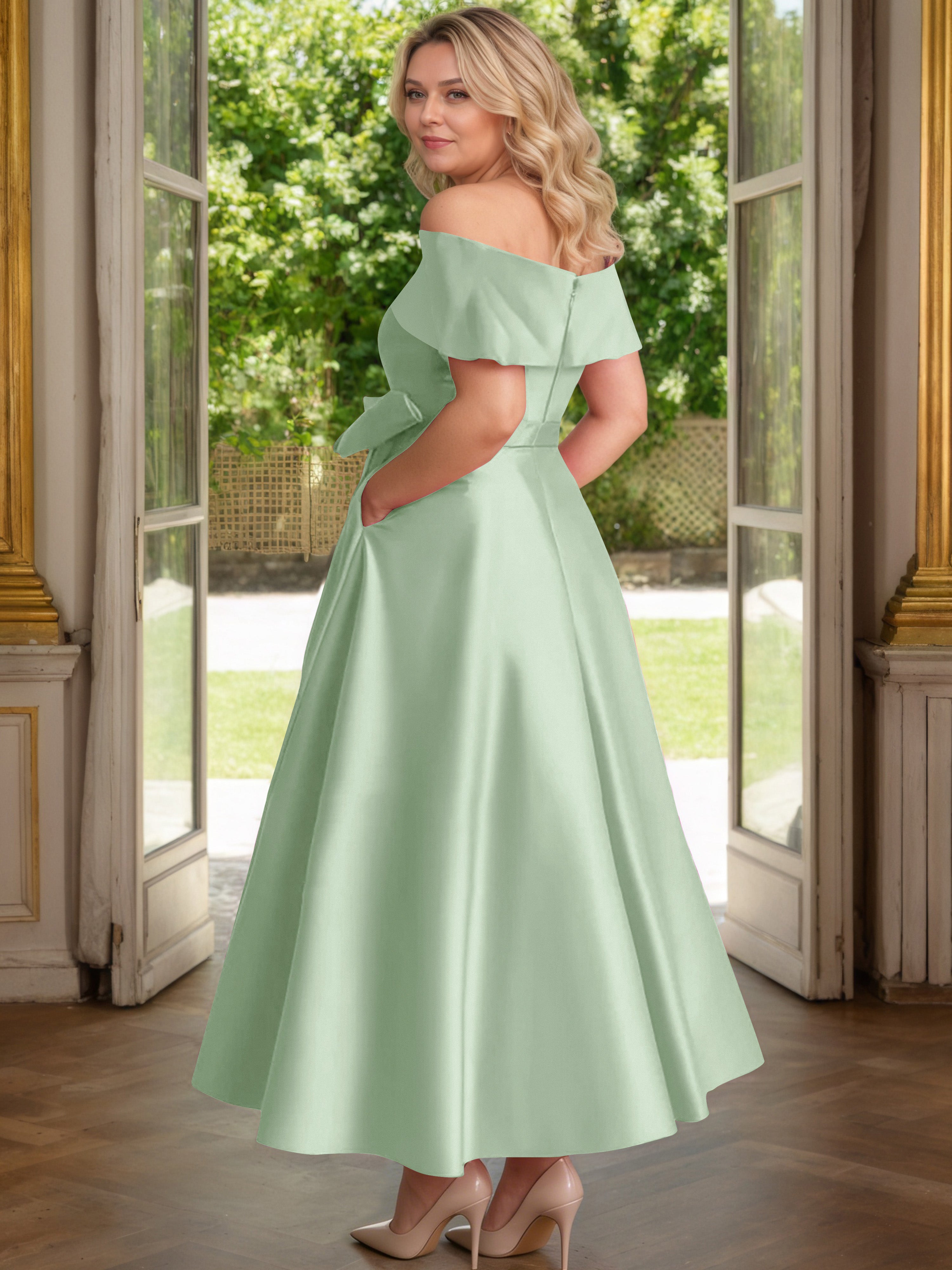 Cicinia Sauge Poudrée Cicinia Robe Grande Taille Mère De La Mariée Longue A-Line En Satin Épaules Dénudées Avec Nœud Papillon Longueur Cheville