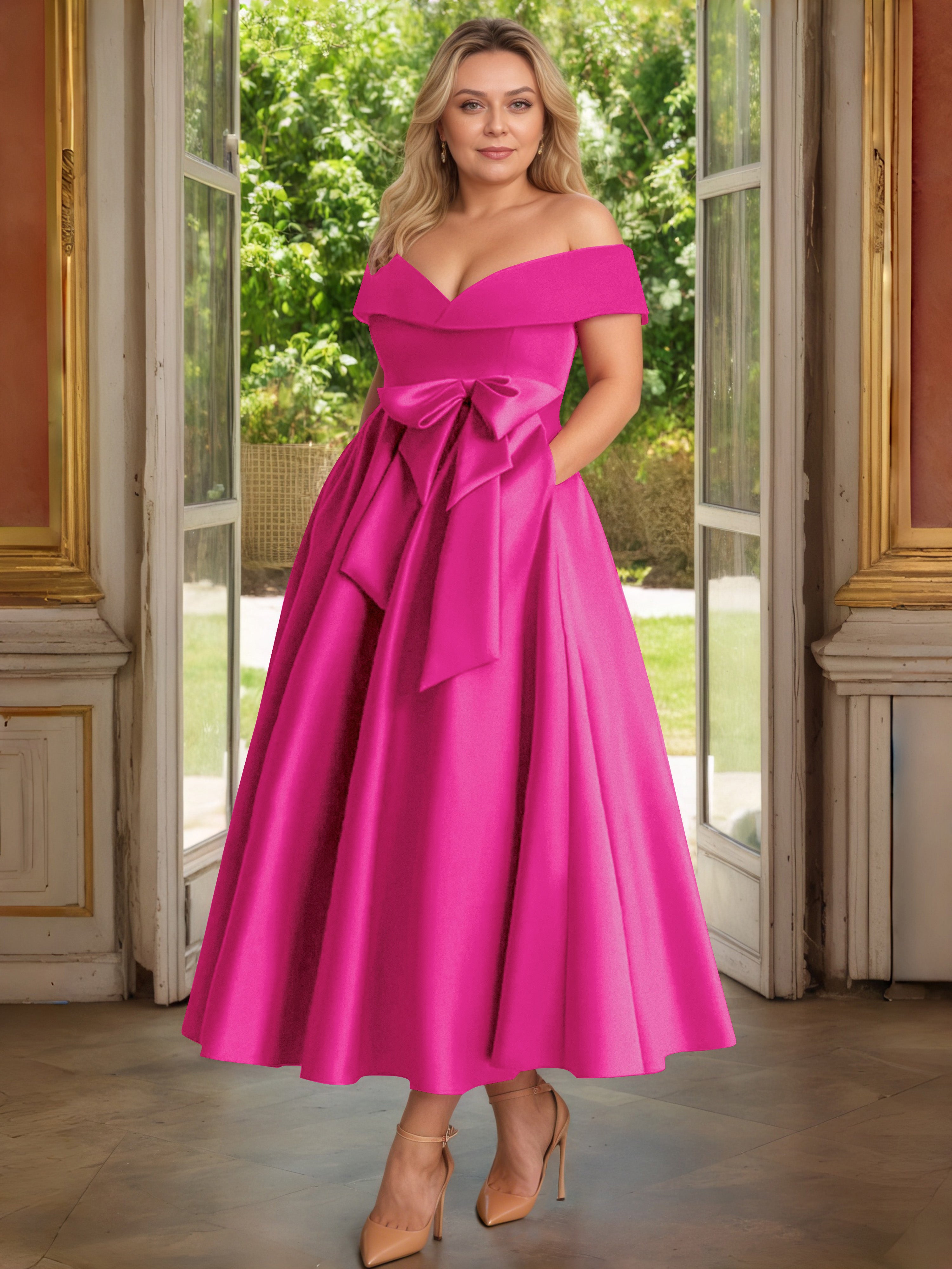 Cicinia Fuchsia Cicinia Robe Grande Taille Mère De La Mariée Longue A-Line En Satin Épaules Dénudées Avec Nœud Papillon Longueur Cheville
