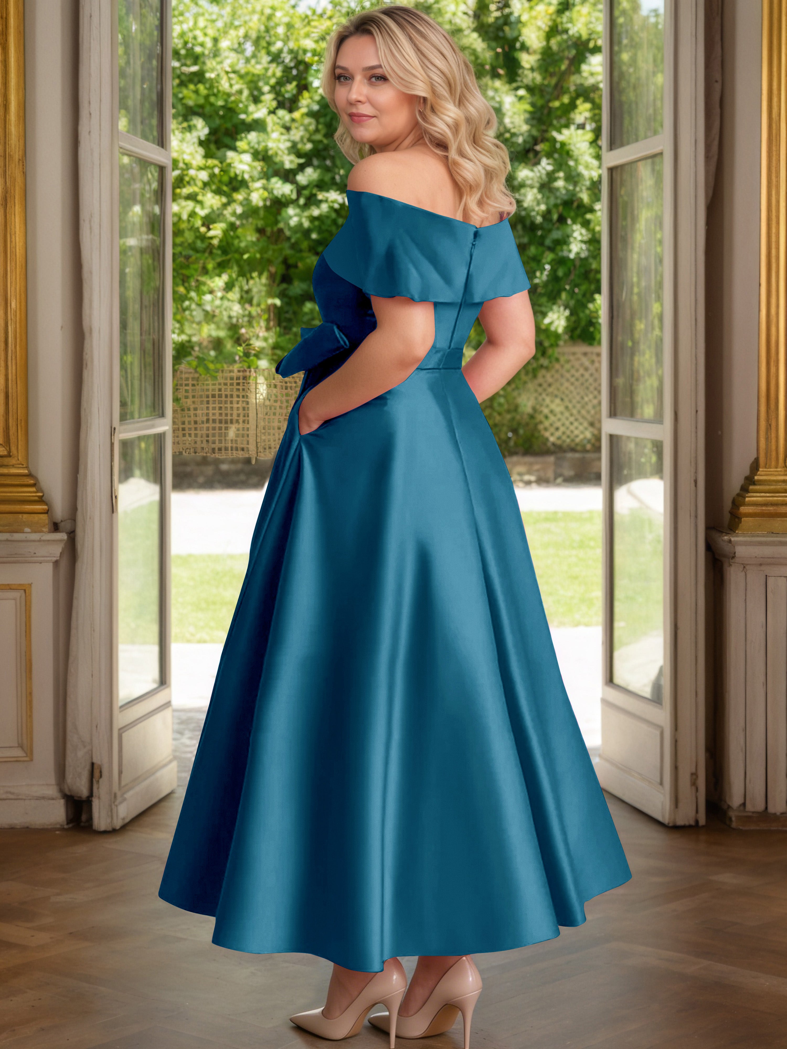 Cicinia Bleu Encre Cicinia Robe Grande Taille Mère De La Mariée Longue A-Line En Satin Épaules Dénudées Avec Nœud Papillon Longueur Cheville