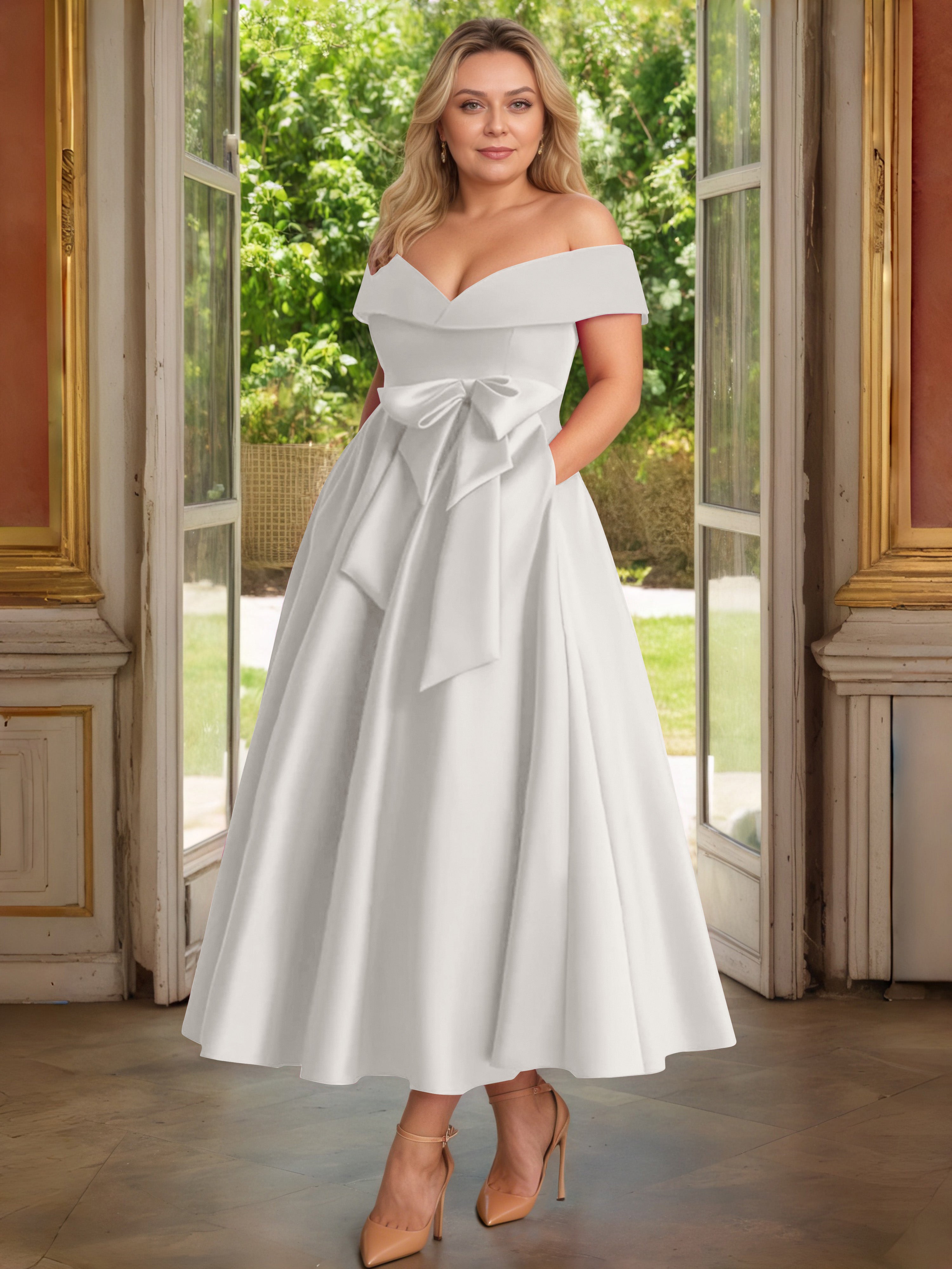 Cicinia Ivoire Cicinia Robe Grande Taille Mère De La Mariée Longue A-Line En Satin Épaules Dénudées Avec Nœud Papillon Longueur Cheville