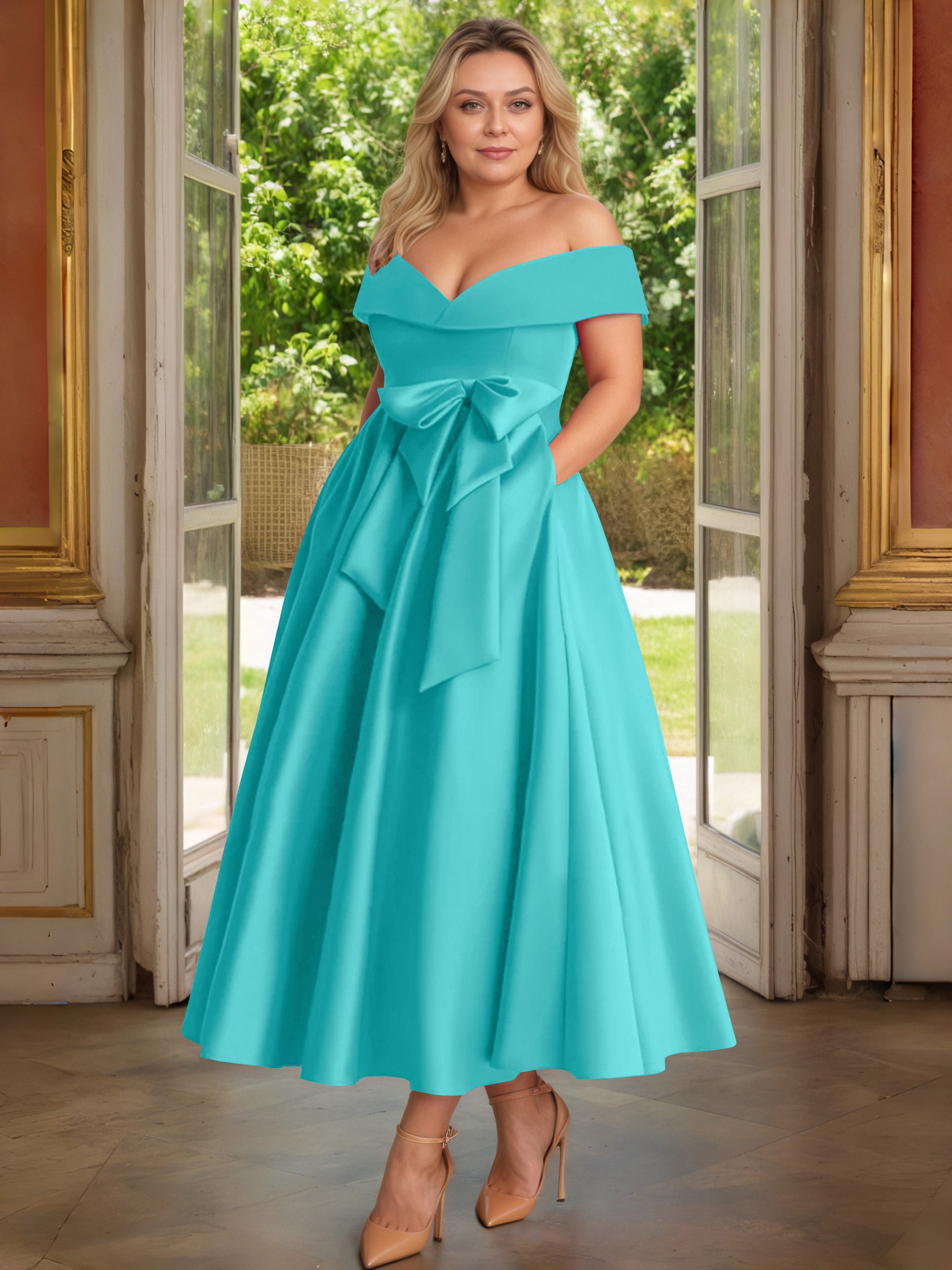 Cicinia Jade Cicinia Robe Grande Taille Mère De La Mariée Longue A-Line En Satin Épaules Dénudées Avec Nœud Papillon Longueur Cheville
