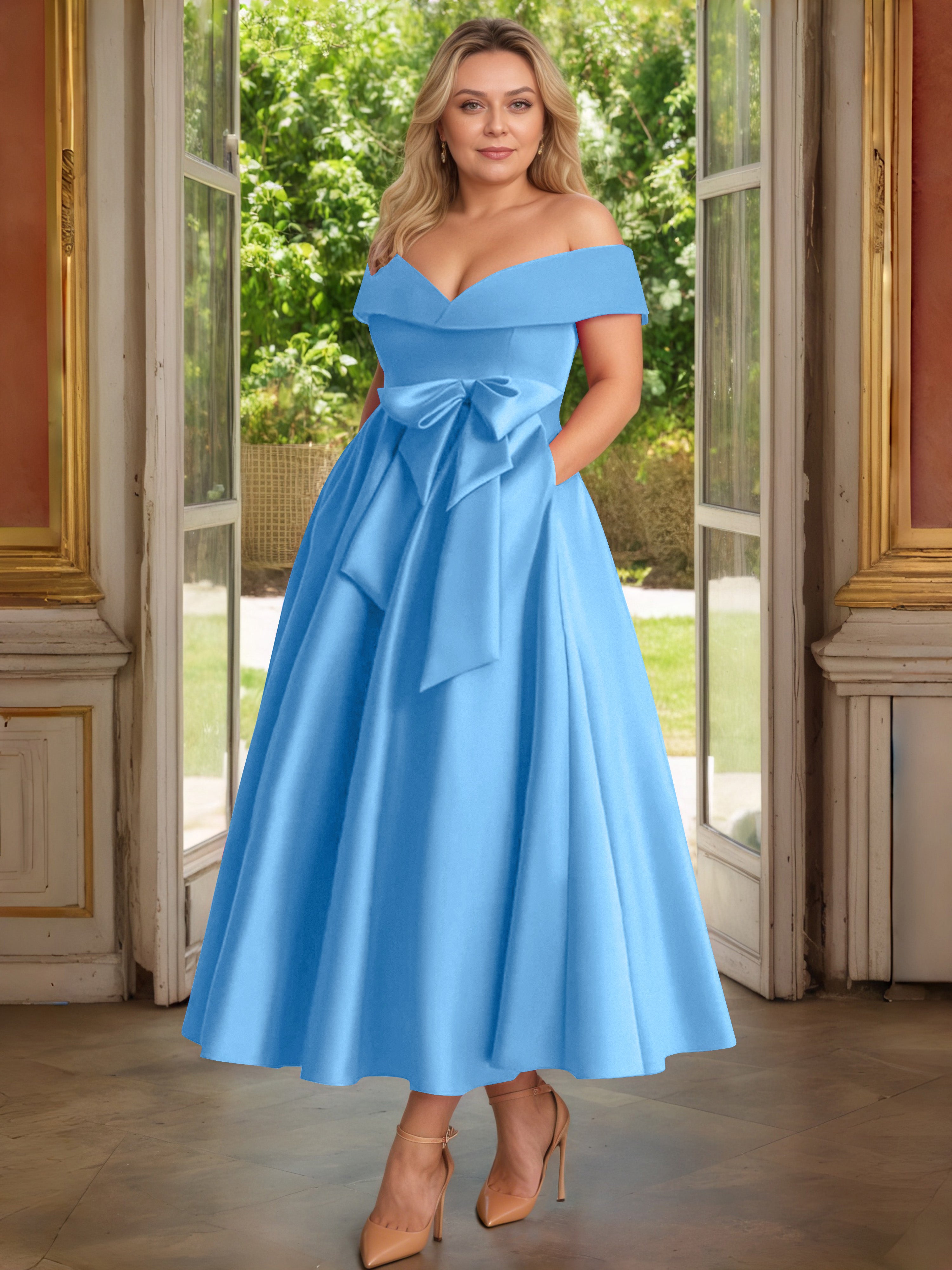 Cicinia Bleu Océan Cicinia Robe Grande Taille Mère De La Mariée Longue A-Line En Satin Épaules Dénudées Avec Nœud Papillon Longueur Cheville