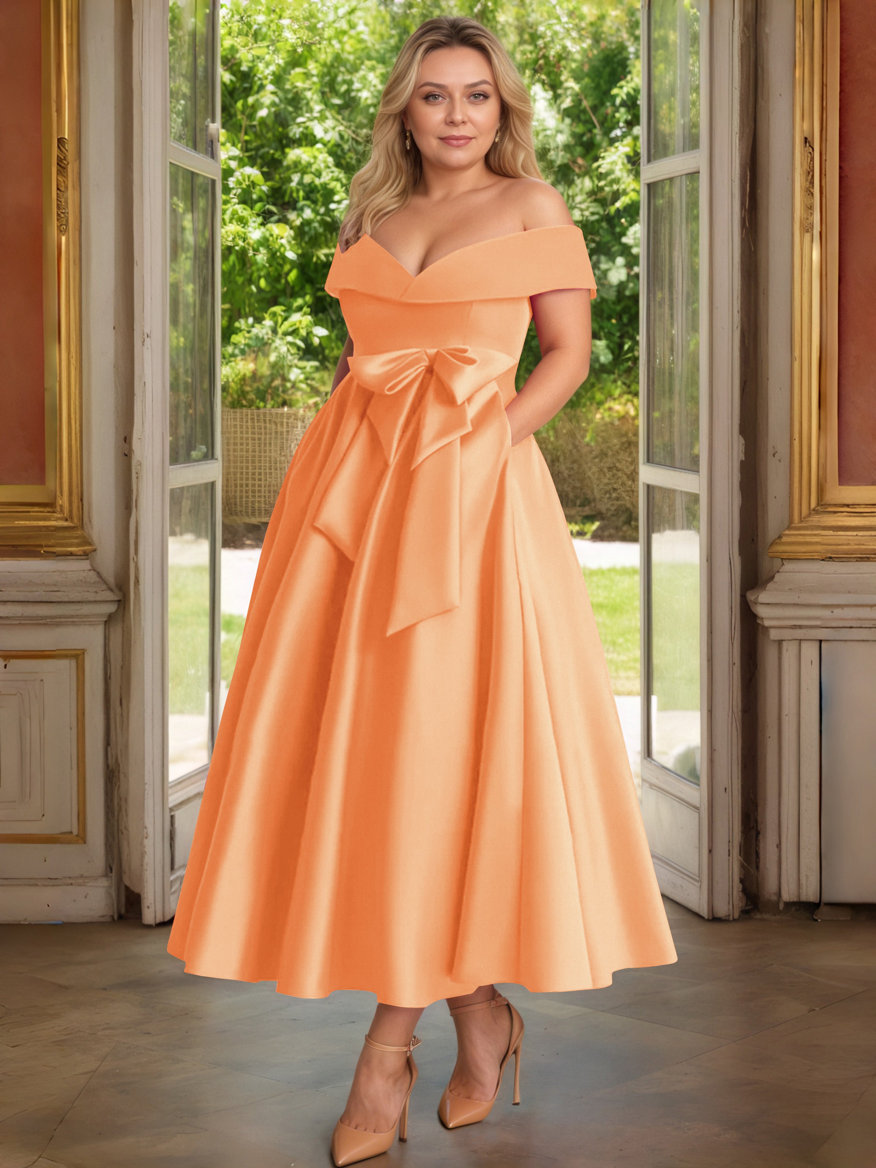 Cicinia Orange Cicinia Robe Grande Taille Mère De La Mariée Longue A-Line En Satin Épaules Dénudées Avec Nœud Papillon Longueur Cheville