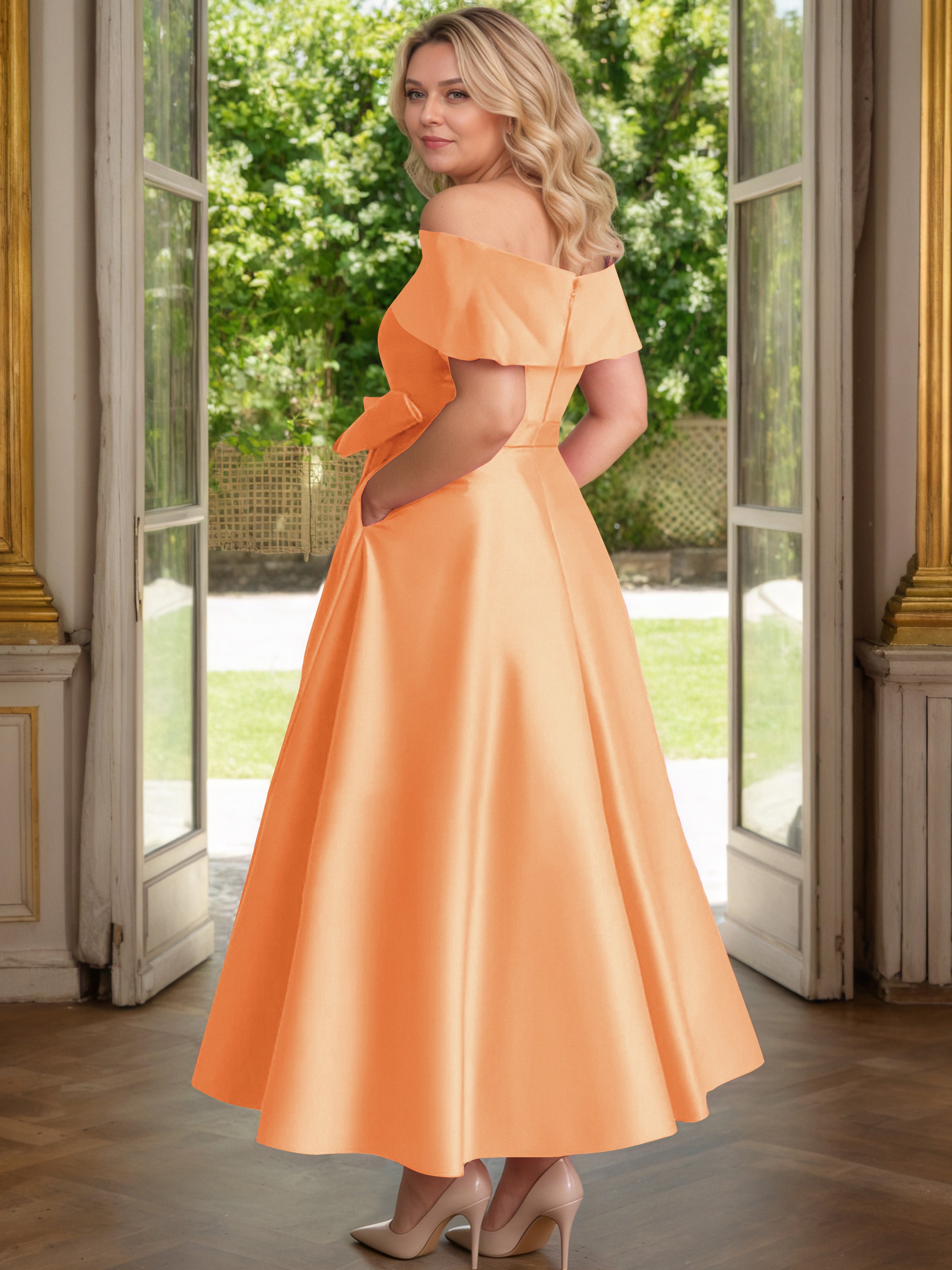 Cicinia Orange Cicinia Robe Grande Taille Mère De La Mariée Longue A-Line En Satin Épaules Dénudées Avec Nœud Papillon Longueur Cheville