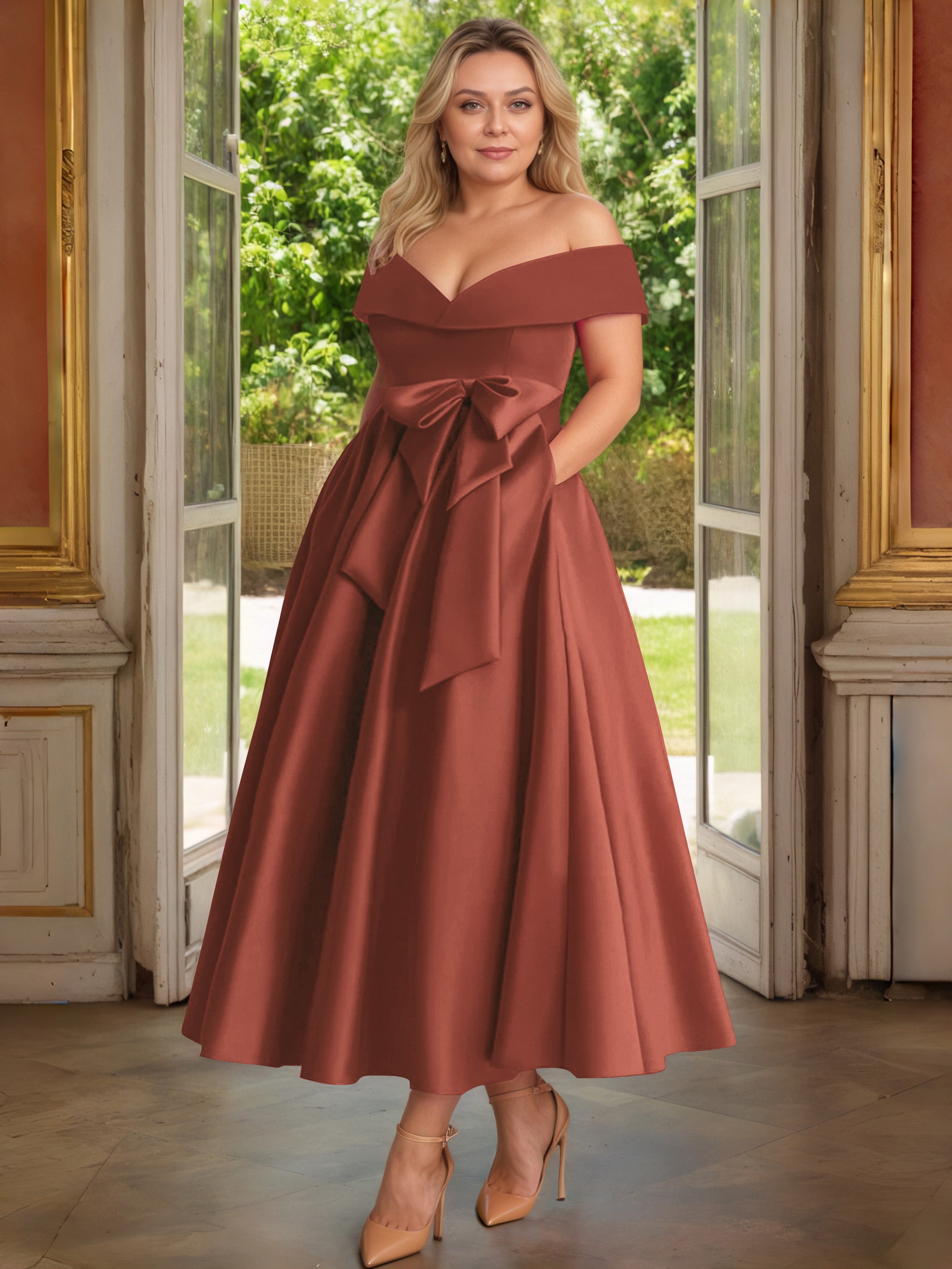 Cicinia Rouille Cicinia Robe Grande Taille Mère De La Mariée Longue A-Line En Satin Épaules Dénudées Avec Nœud Papillon Longueur Cheville